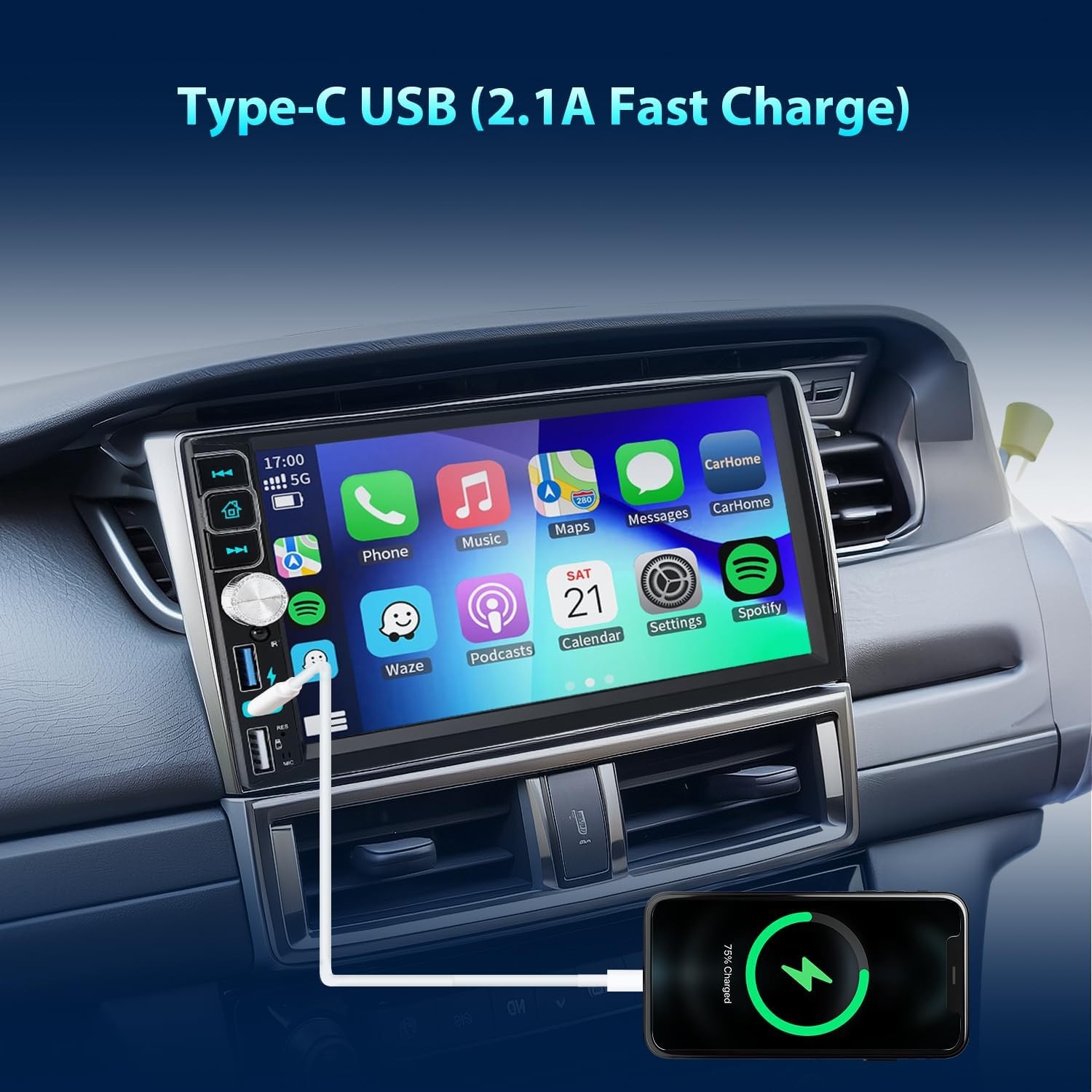 Double Din Apple Carplay Android Auto 7″ Car Stereo Radio Bluetooth Touch Screen