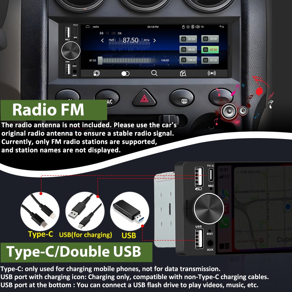 6.36″CarPlay Android Auto For Universal Car Stereo Multimedia Player Rear Camera