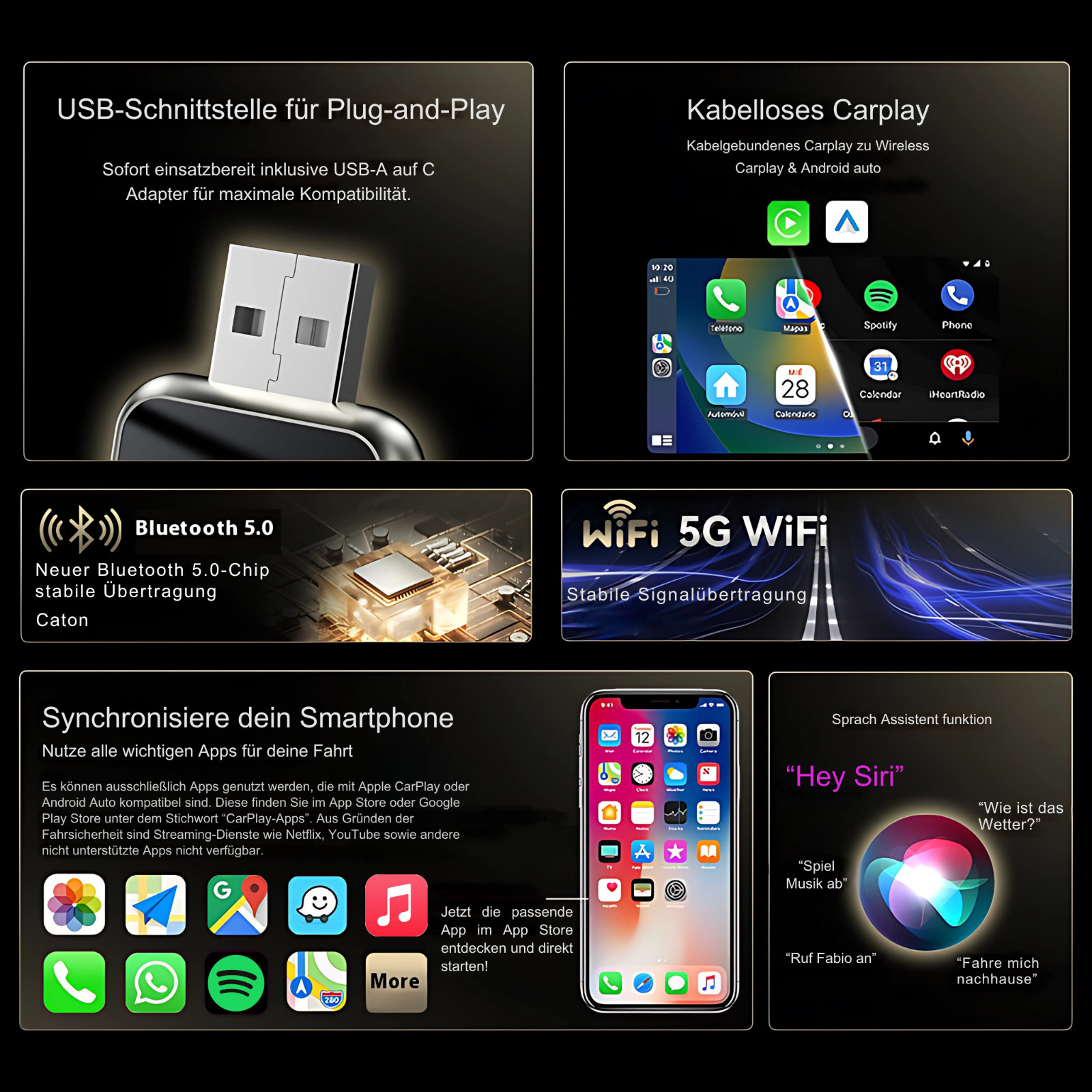 2-in-1 Wireless CarPlay Android Auto Adapter Plug & Play USB for iPhone Android