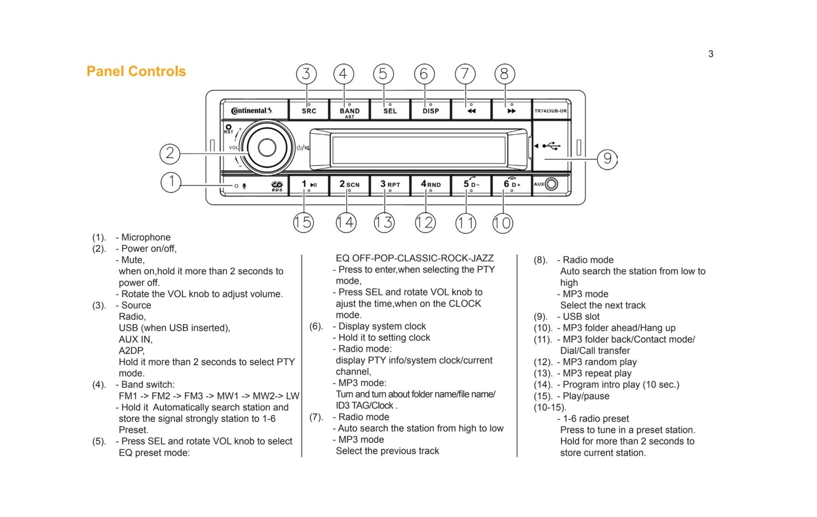 VDO Continental TR7412UB-OR European Style 12v Radio Orange Display Bluetooth