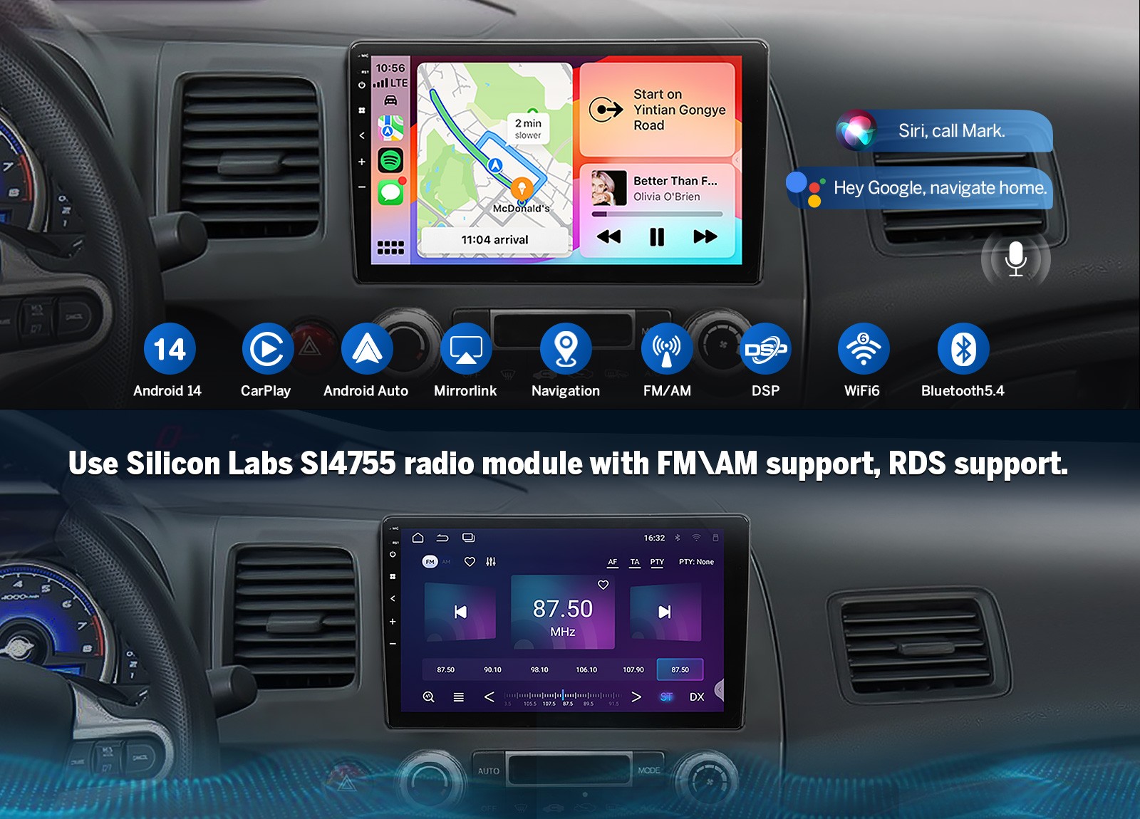 10.1″ Android Auto Car Stereo for Honda Civic Si 2006-2011 Wireless CarPlay DSP