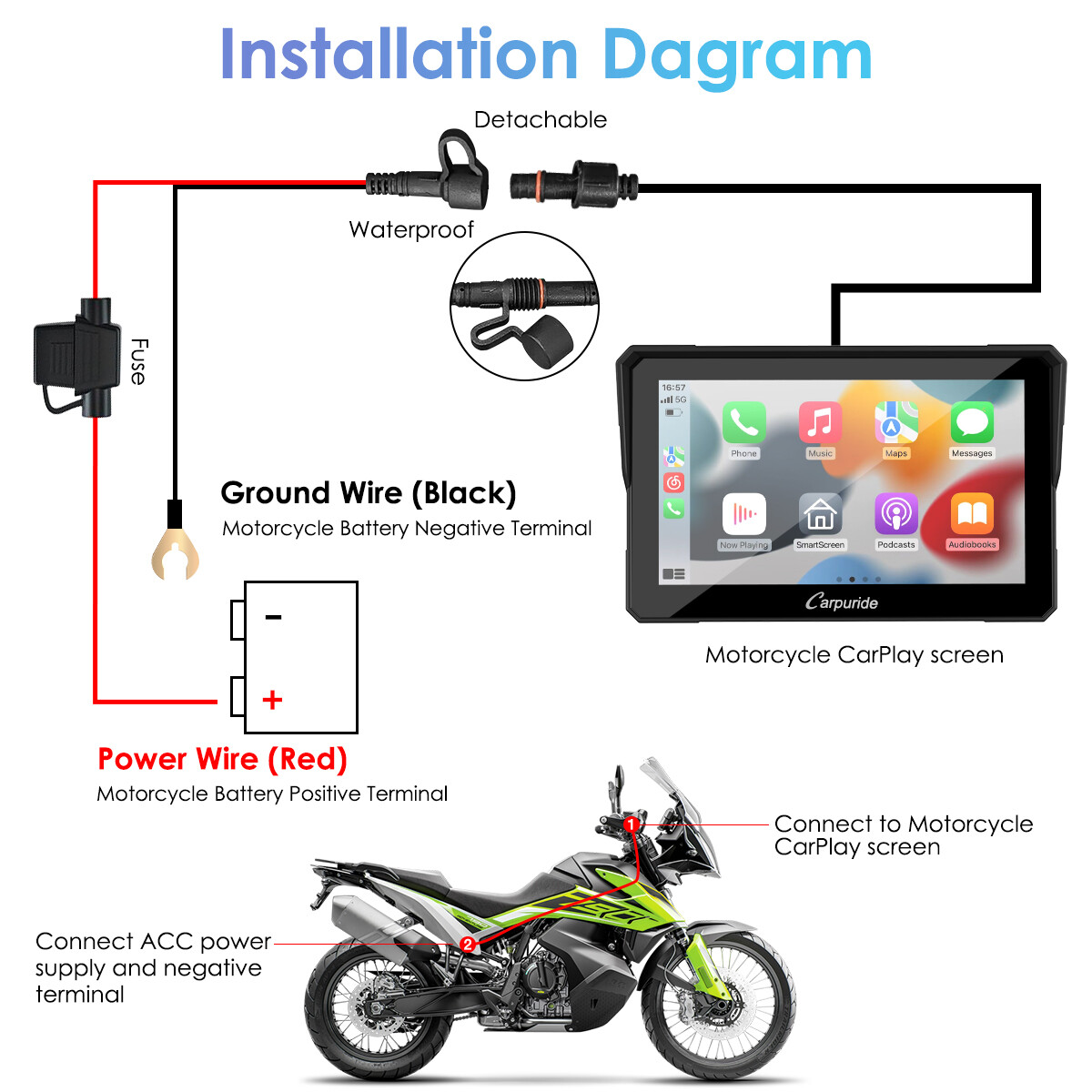 Carpuride 7Inch Motorcycle Stereo Bluetooth Wireless Apple CarPlay Android Auto