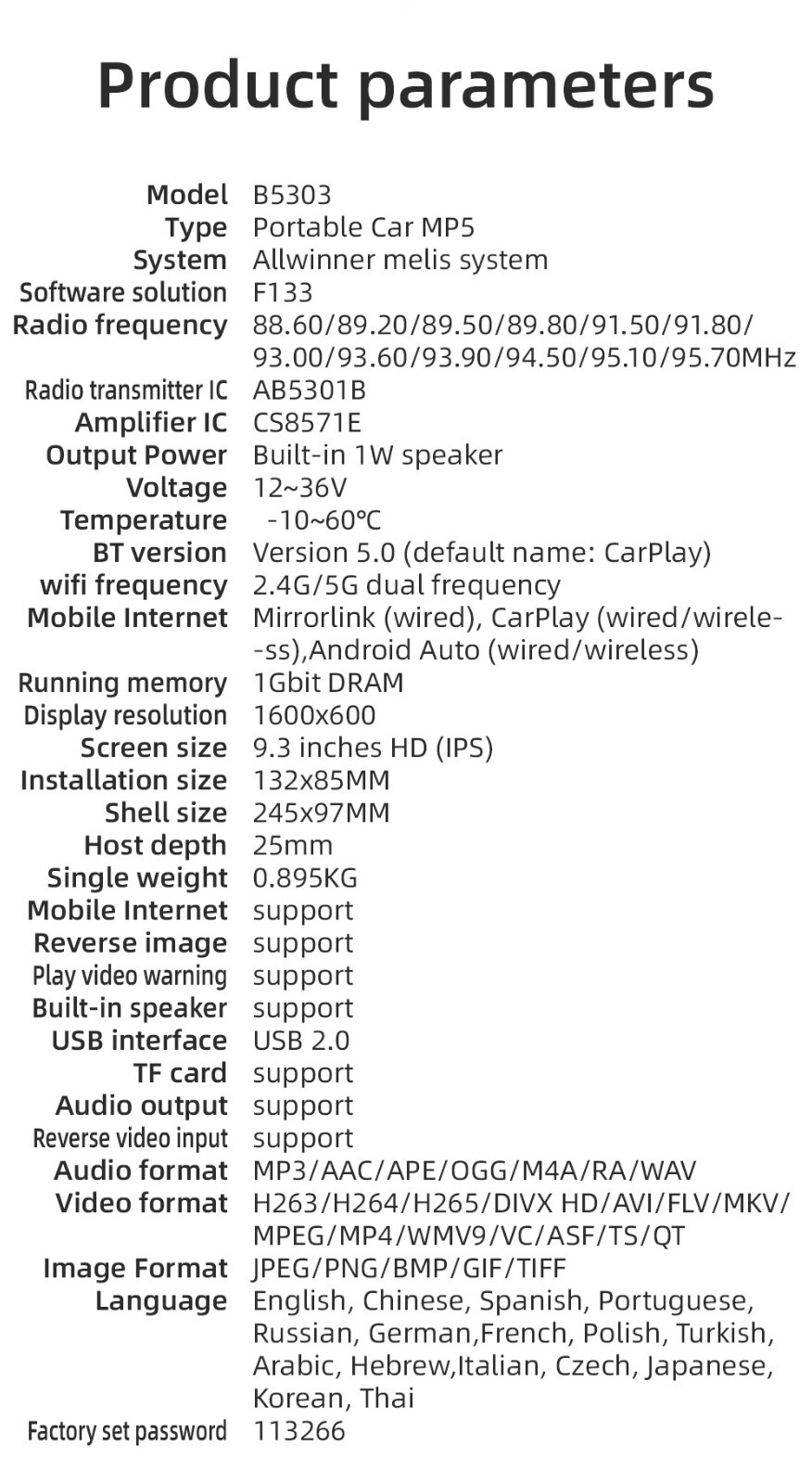 9.3in Wireless Car MP5 Player CarPlay Android Auto BT FM With 4LED Rear Camera