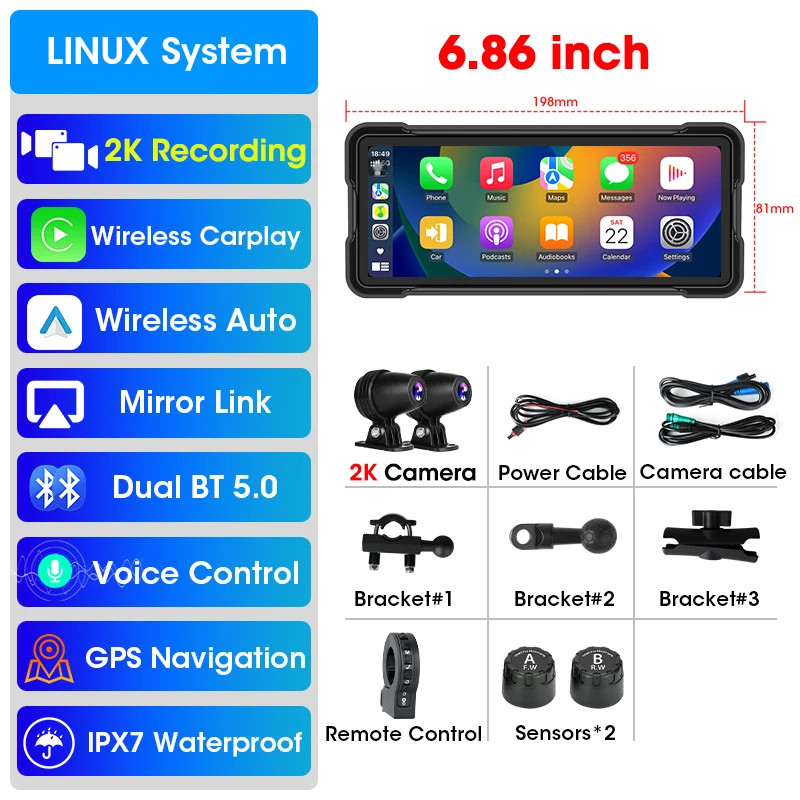 6.86 inch Portable Motorcycle GPS Navigation 2K Camera DVR Wireless Android