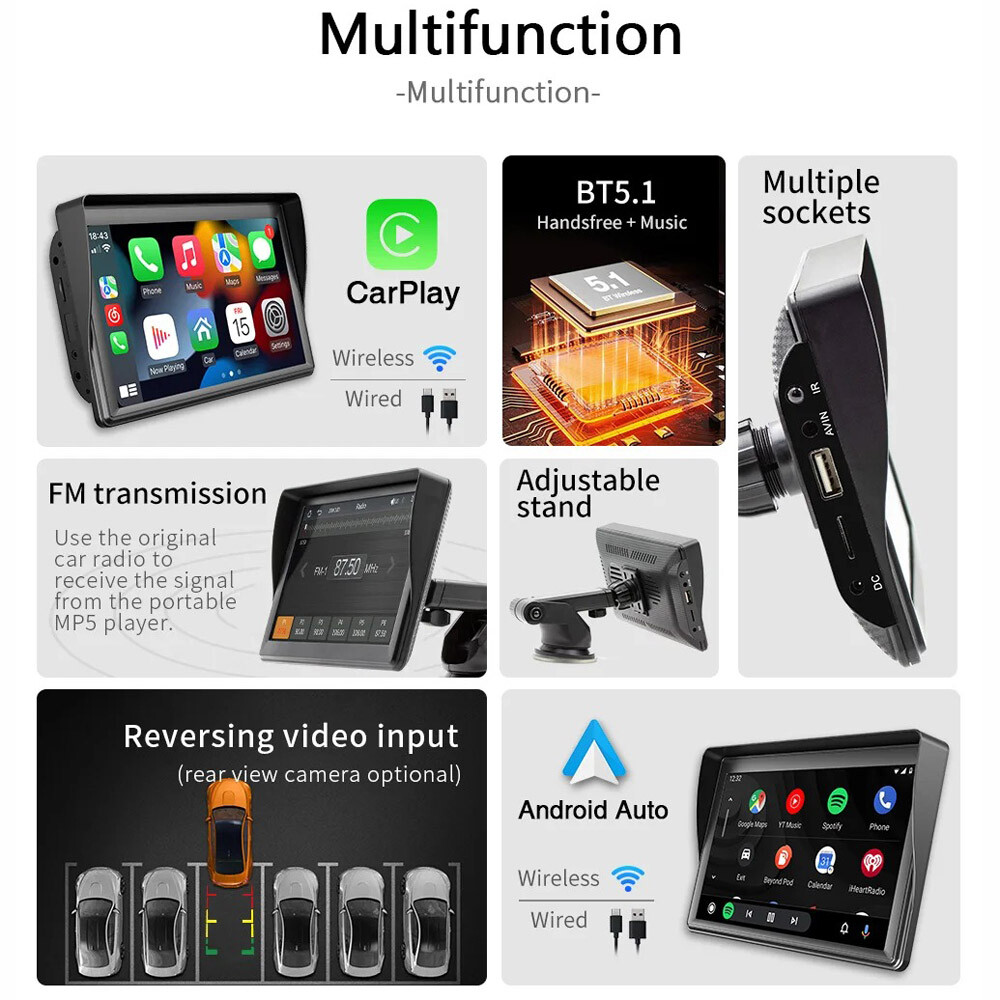 7″ Portable Wireless Car Stereo With Carplay Android Auto Play FM & Backup Cam