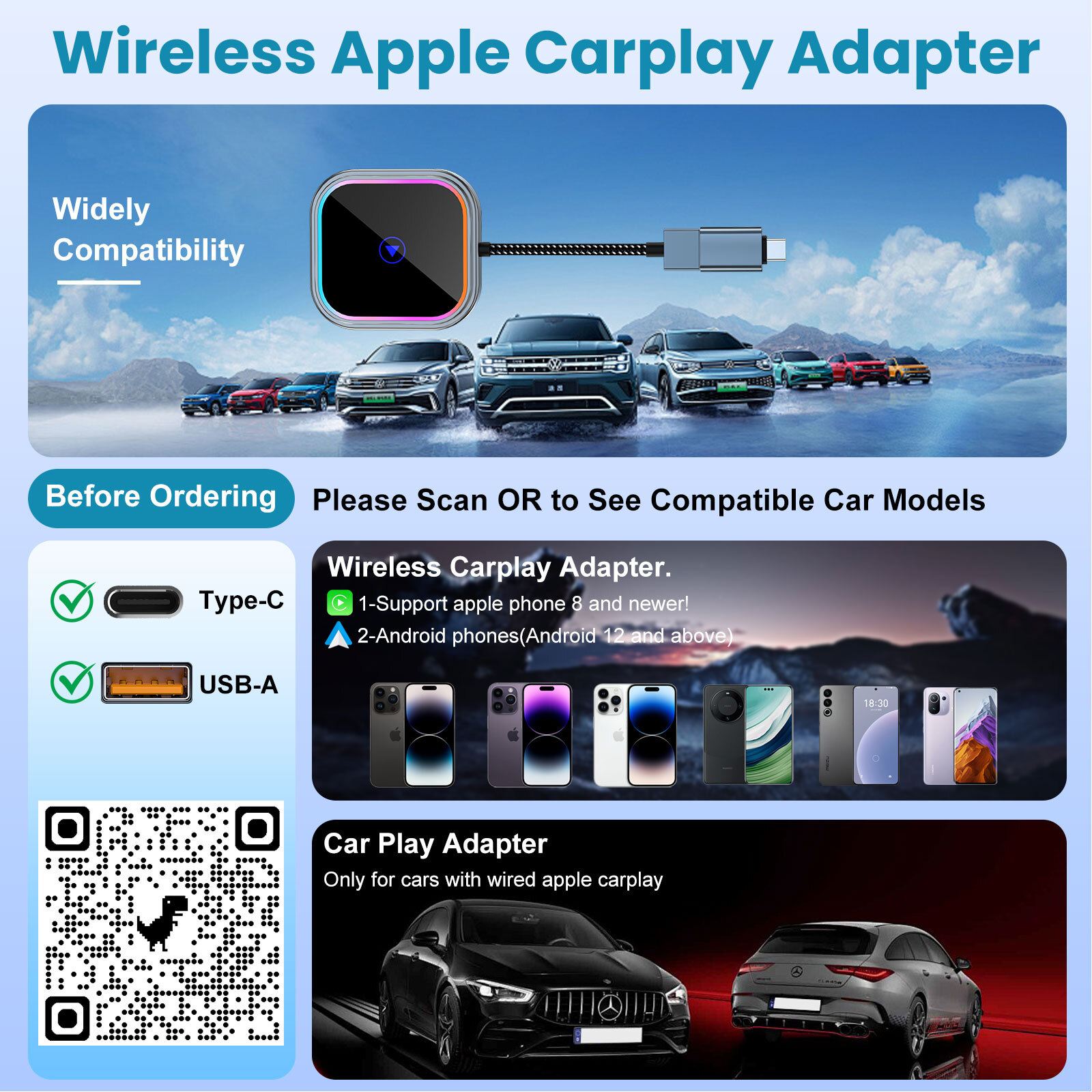 2 in 1 Wireless Carplay Adapter, Wireless Carplay and Android Auto Adapter 5.0