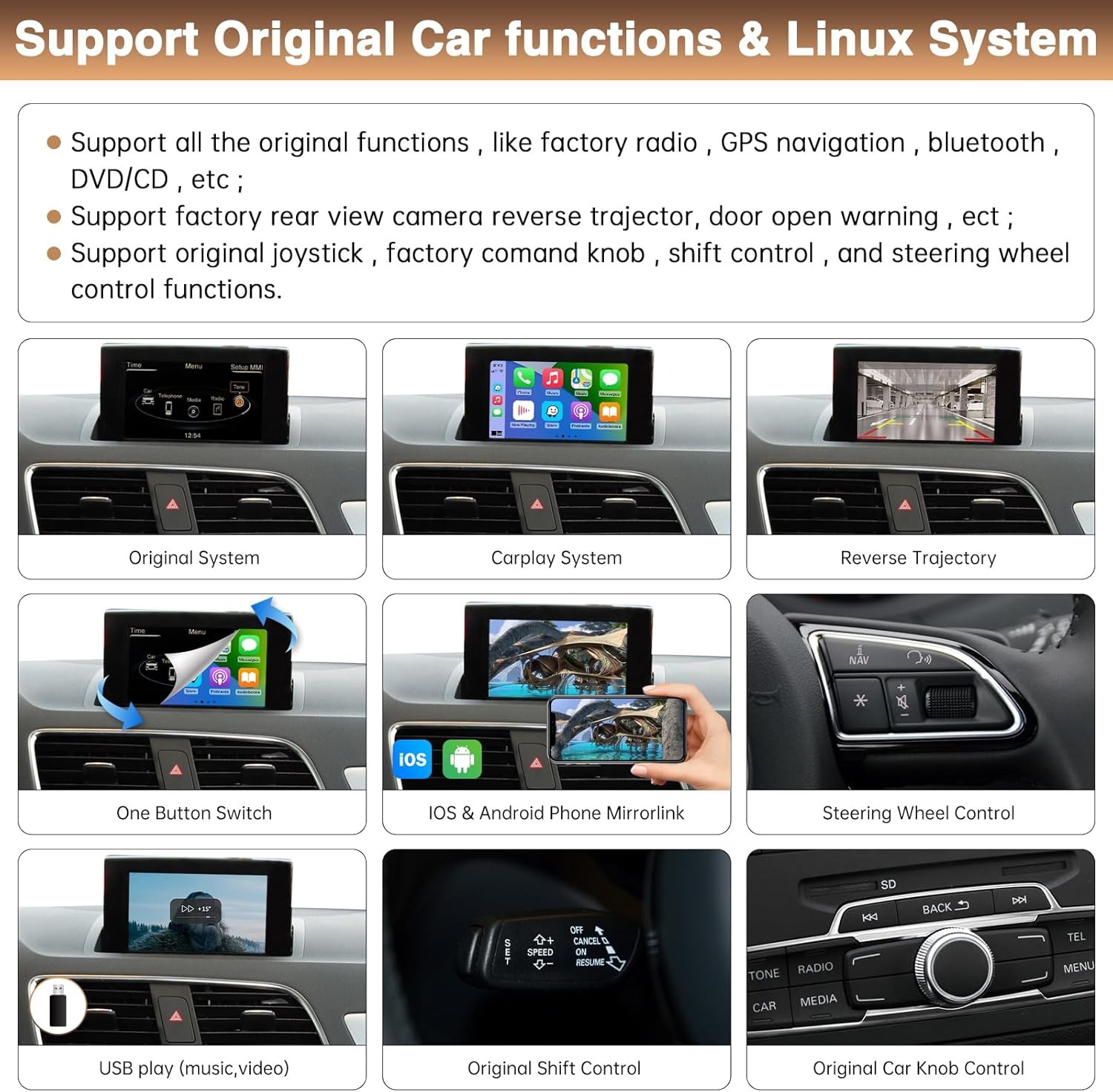 Wireless Carplay/Android Auto Decoder for Audi Q3 A1 2013-2018 with RMC System