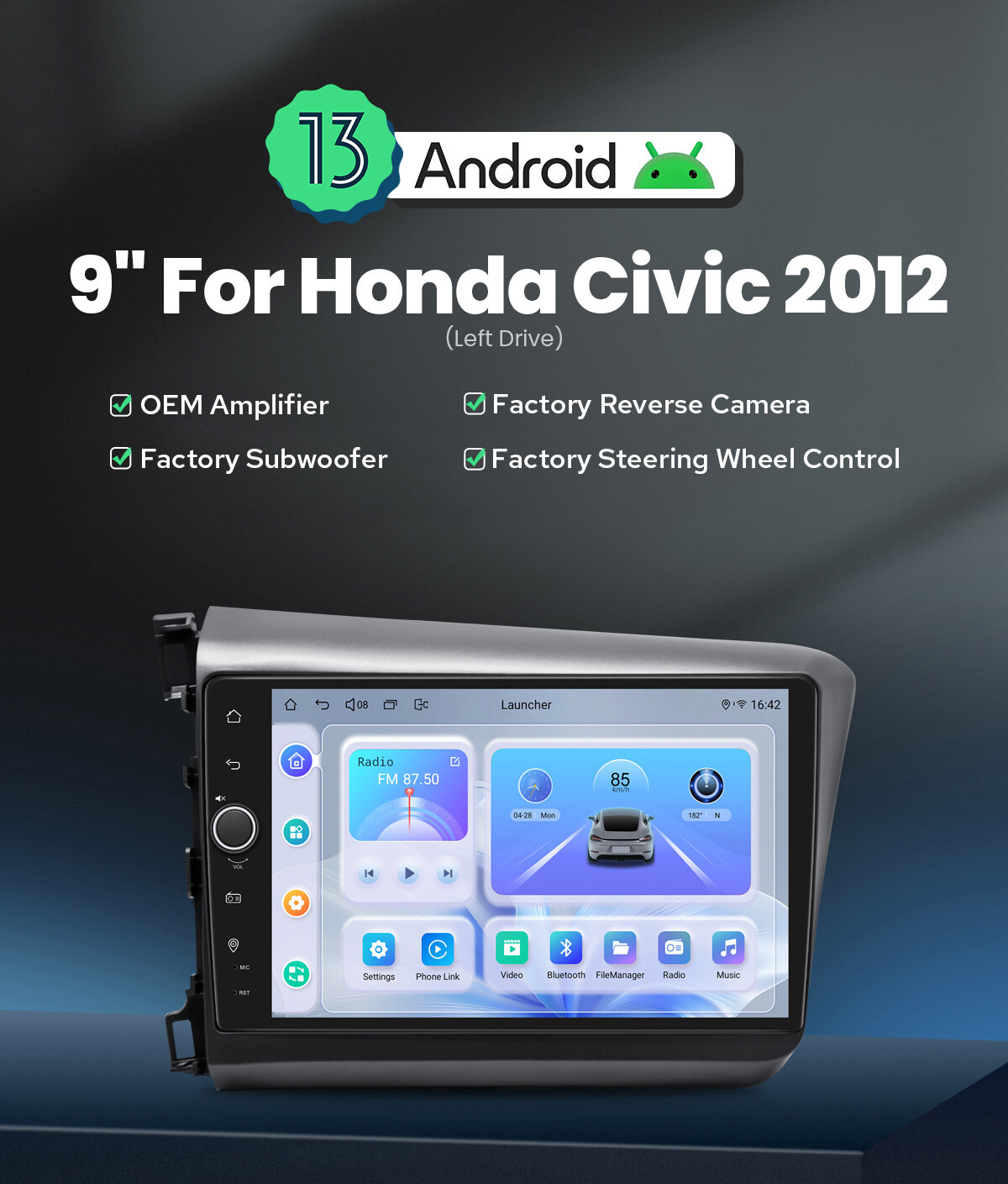 8+128GB for Honda Civic 2012 (Left Drive) 9″ Android 12 Qualcomm Chip Car Radio
