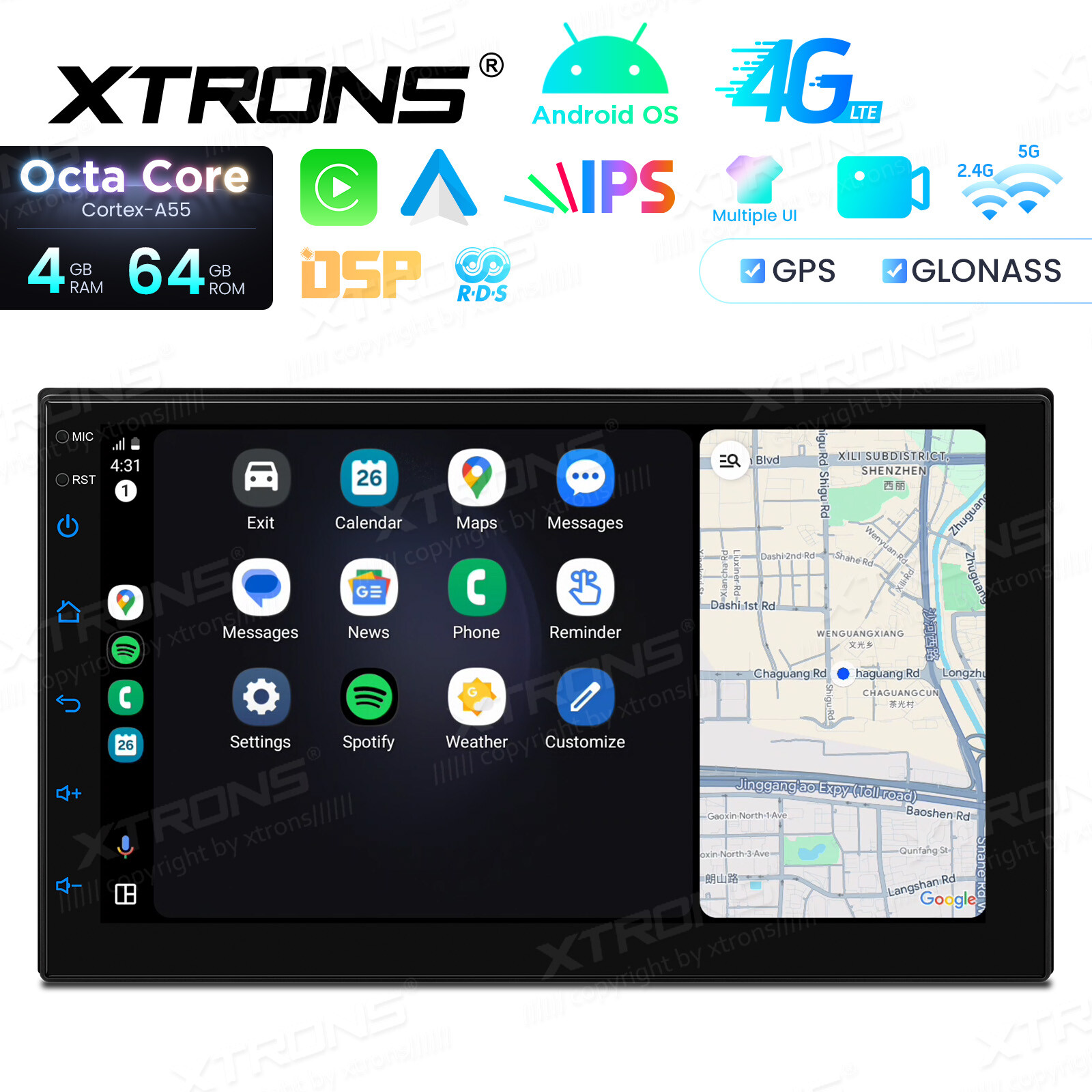 XTRONS Double Din 7″ Android 14 8-Core 4+64GB Car Stereo Head Unit GPS Radio RDS