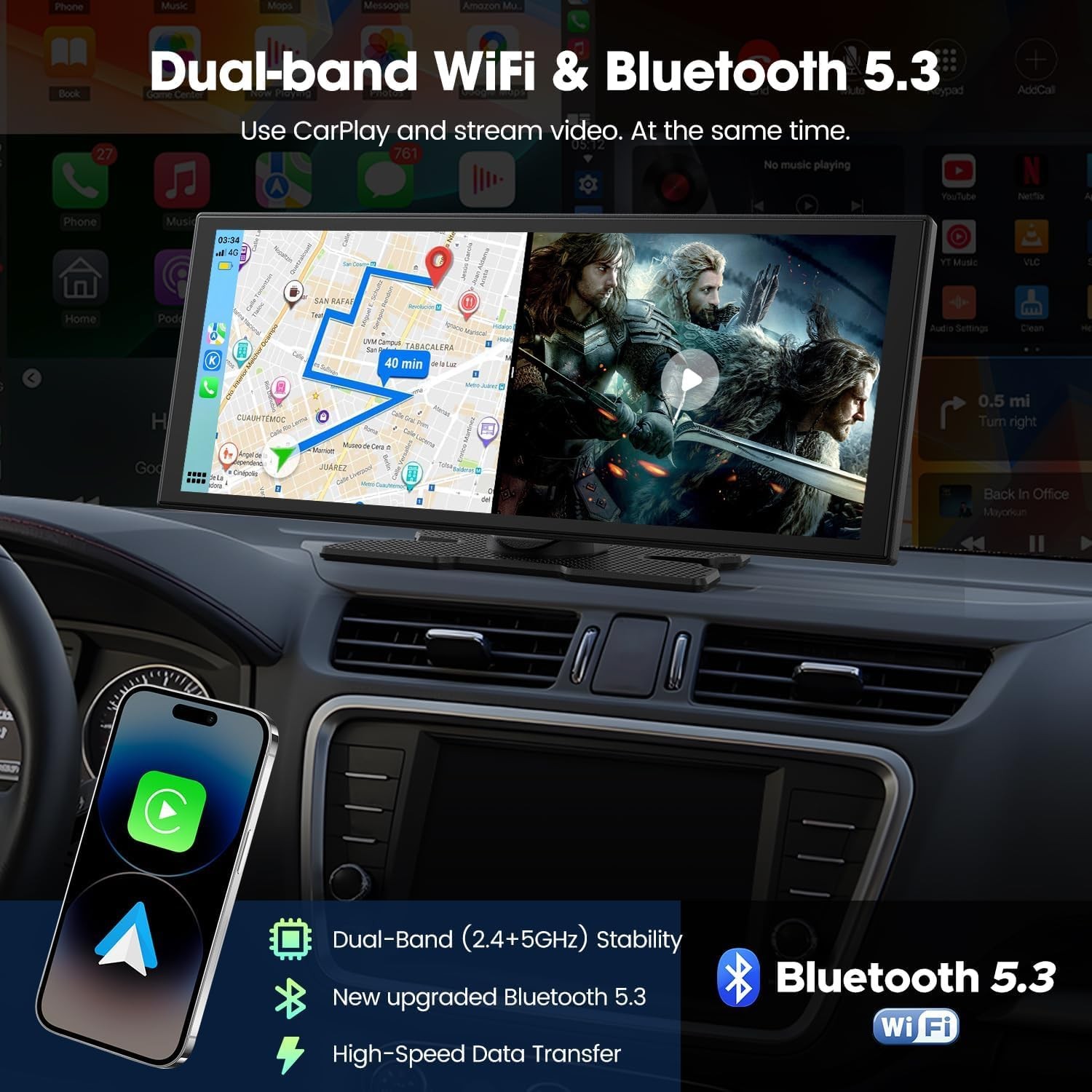10.25″ Wireless Apple Carplay Android Auto Portable Car Stereo with Net-Flix