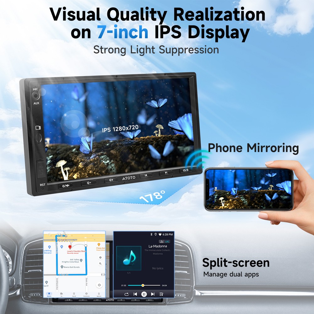 ATOTO F7WE 7in Double DIN Car Stereo GPS NAVI Wireless Android Auto & CarPlay,FM