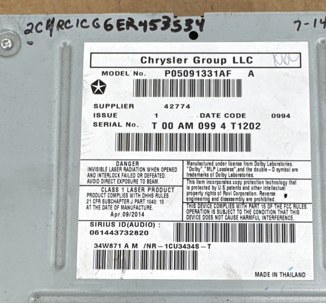 2013 CHRYSLER TOWN & COUNTRY Navigation Radio MP3 AM-FM CD 2012 – 2020 5091331AF