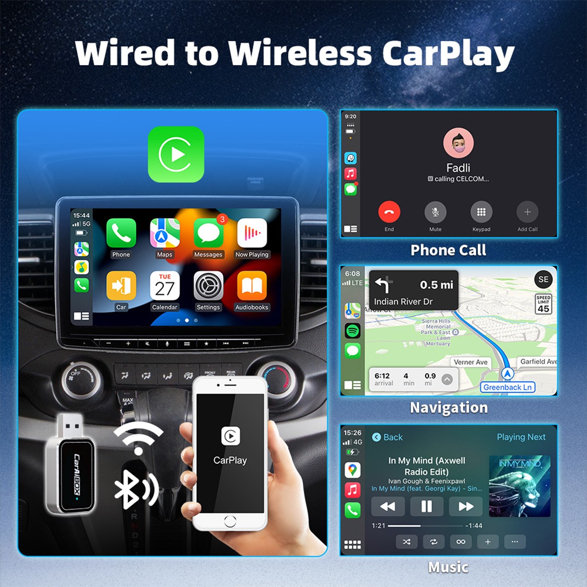 Wireless USB CarPlay Adapter Dongle Plug&Play For Apple Carplay & Android Auto
