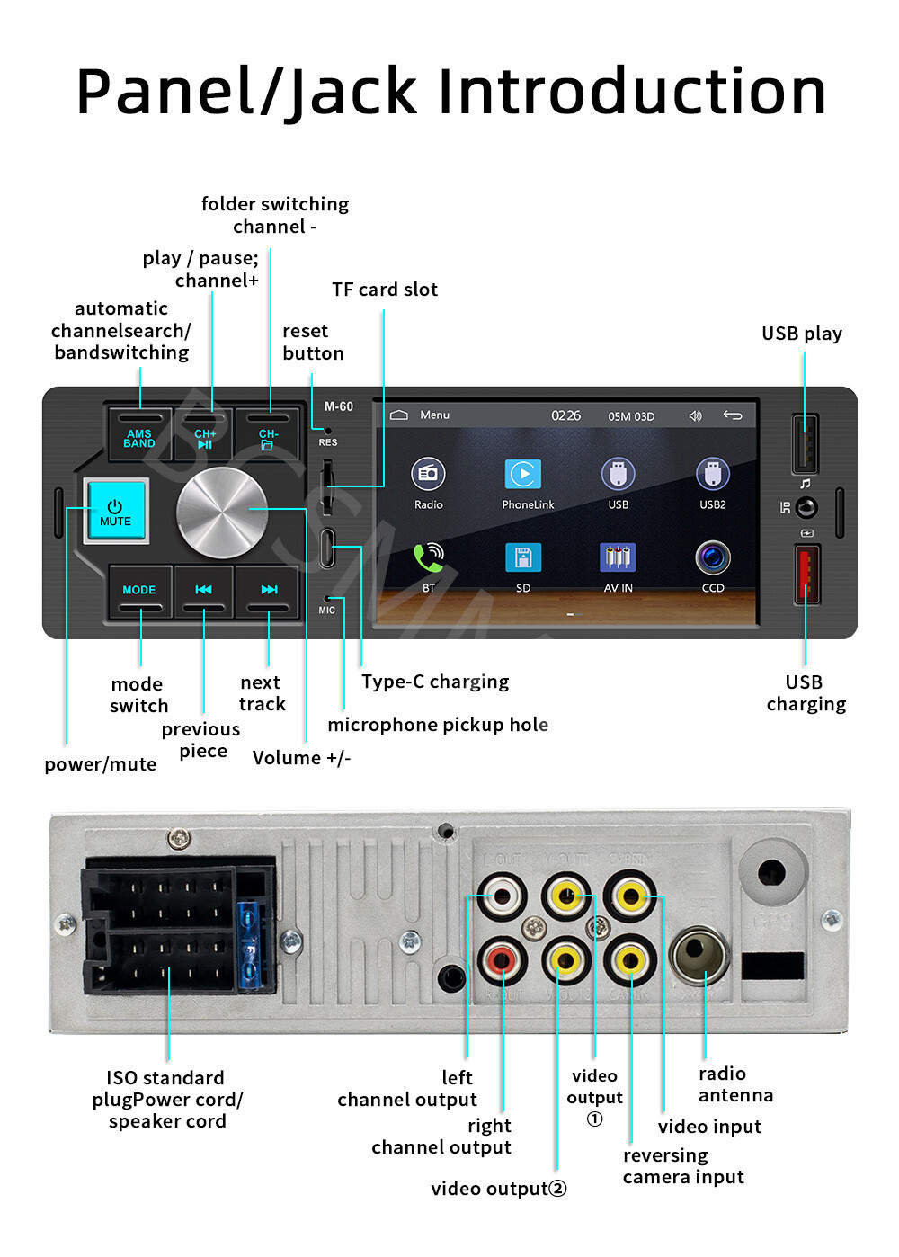 4.1in Car Radio Stereo Video Player 1 Din For CarPlay Android Auto TF/AUX/USB/FM