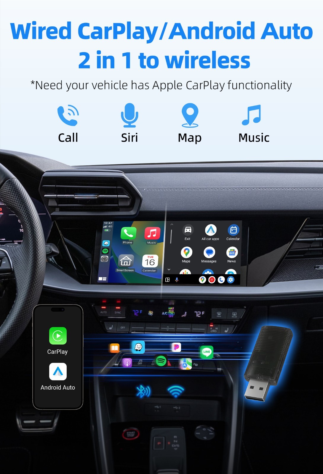 2 in1 Wireless Carplay Android Auto Adapter WiFi BT Auto Connect USB Dongle AU