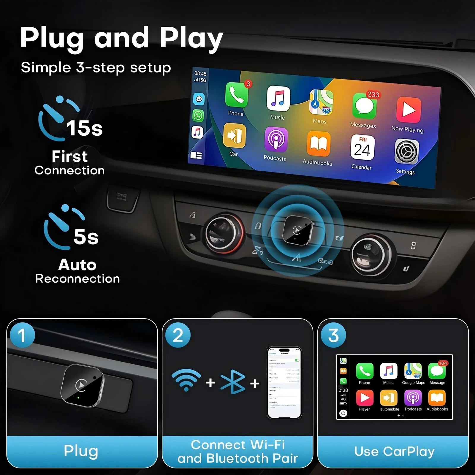 Wireless USB CarPlay Adapter Dongle For iPhone Apple Android Auto Plug & Play