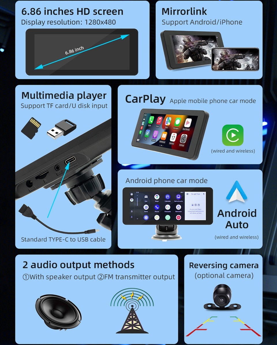 6.86inch Portable Car Stereo Player Wireless Carplay/Android Auto BT Mirror link
