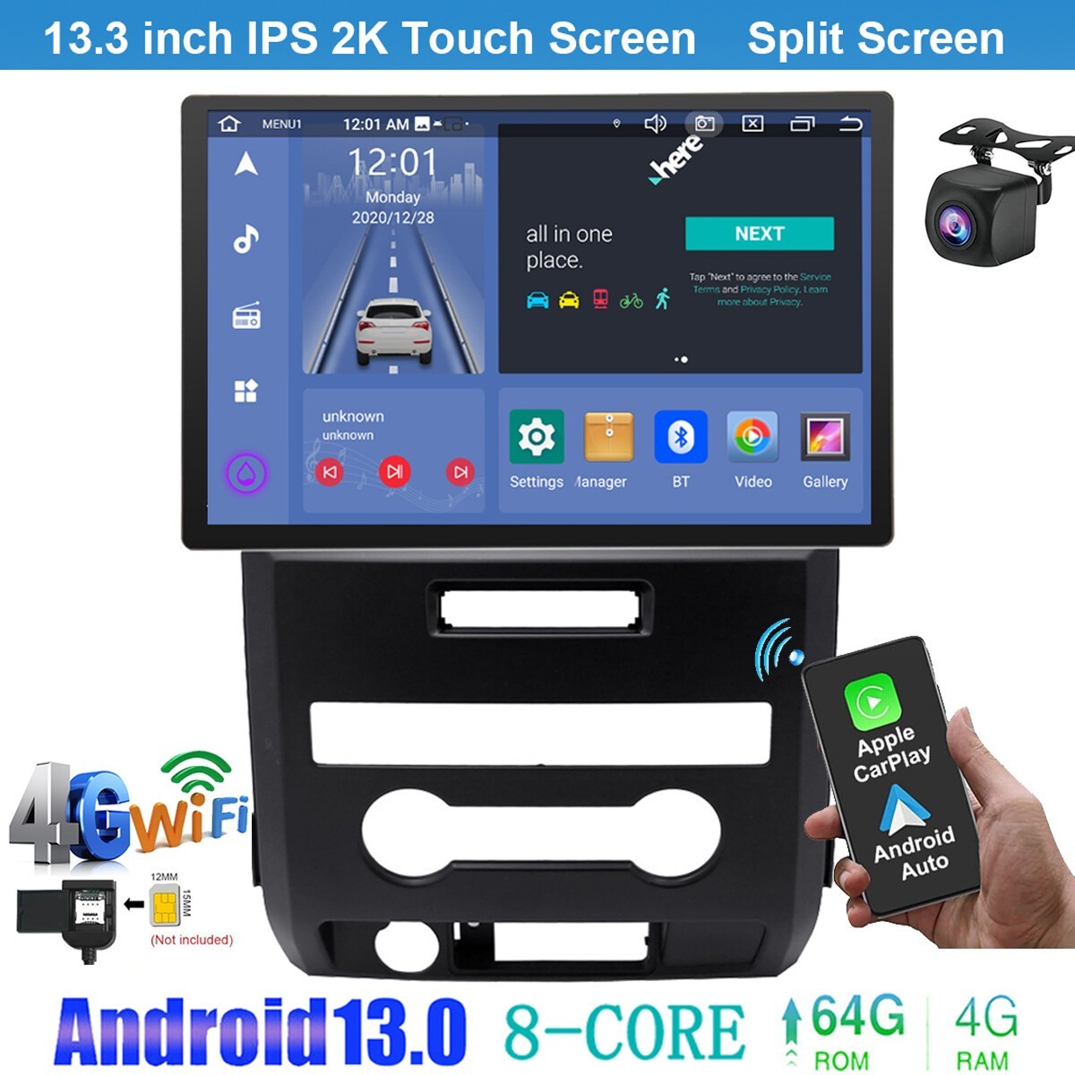 13″ Car Stereo Radio 4+64G Carplay For Ford F150 2009 2010 2011 2012 2013 2014