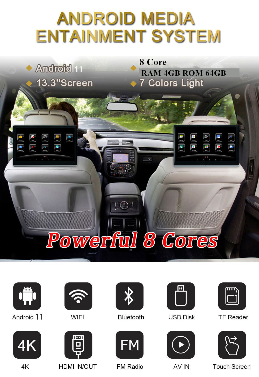 2PCS Android 11 Car Rear Headrest Monitor Player 13.3in Touch Screen 4+64G WIFI
