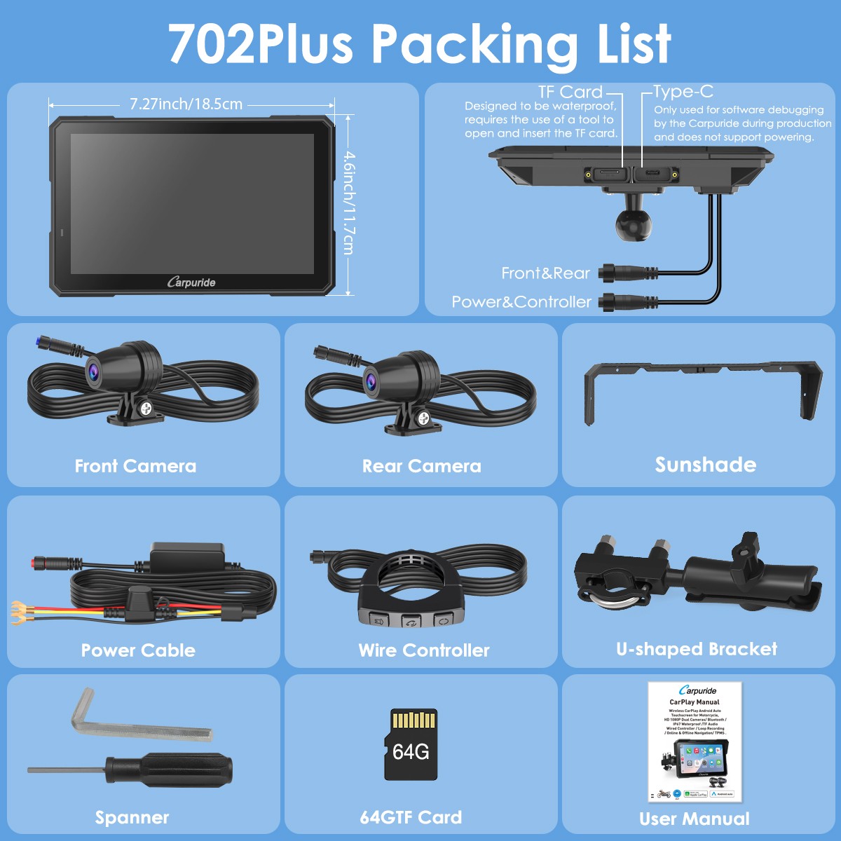 Carpuride W702 Plus Wireless Moto Stereo Install Apps Built in GPS Dual Cameras