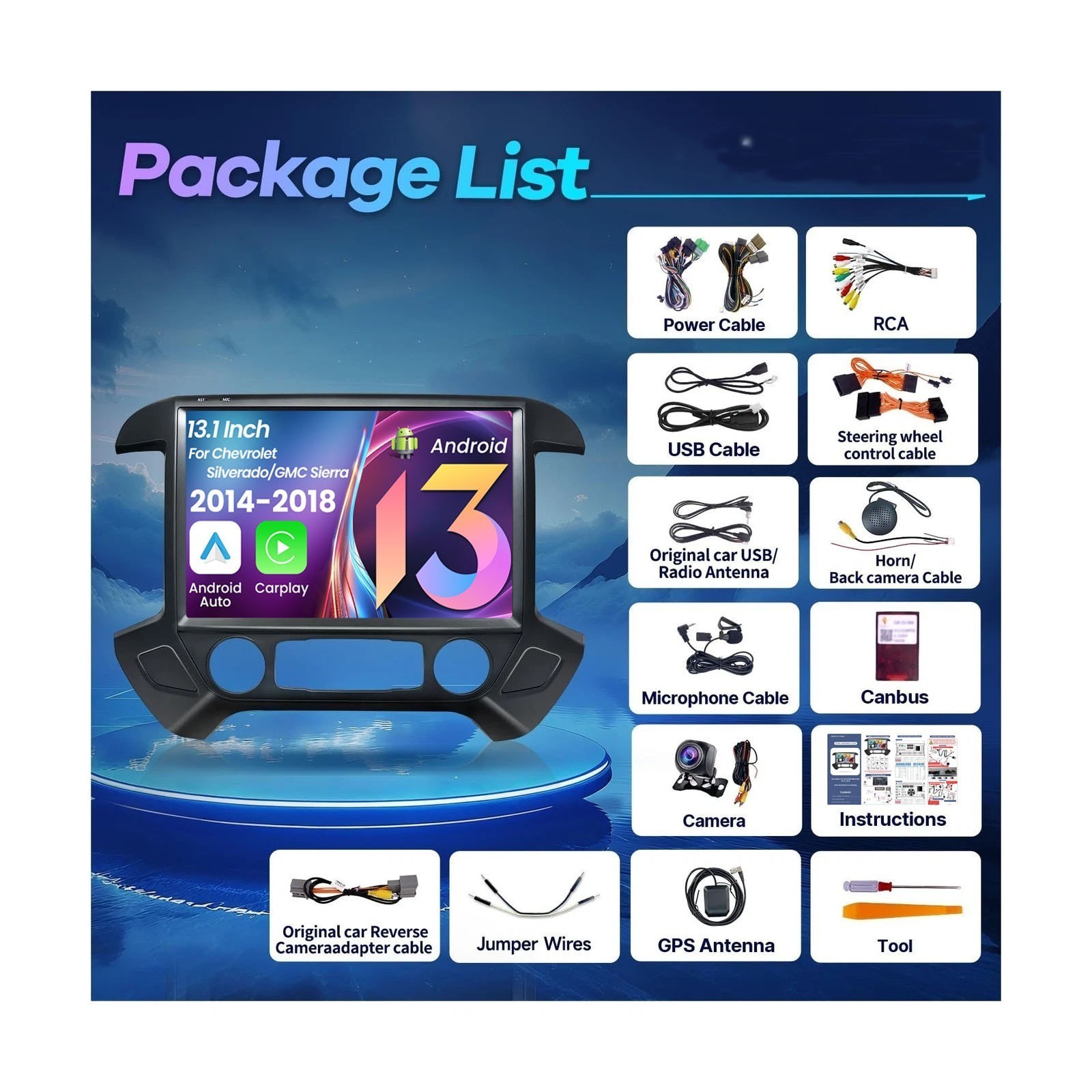 Car Radio Stereo Carplay For 2014-18 Chevrolet Silverado 4+64G 13.1in Head Unit