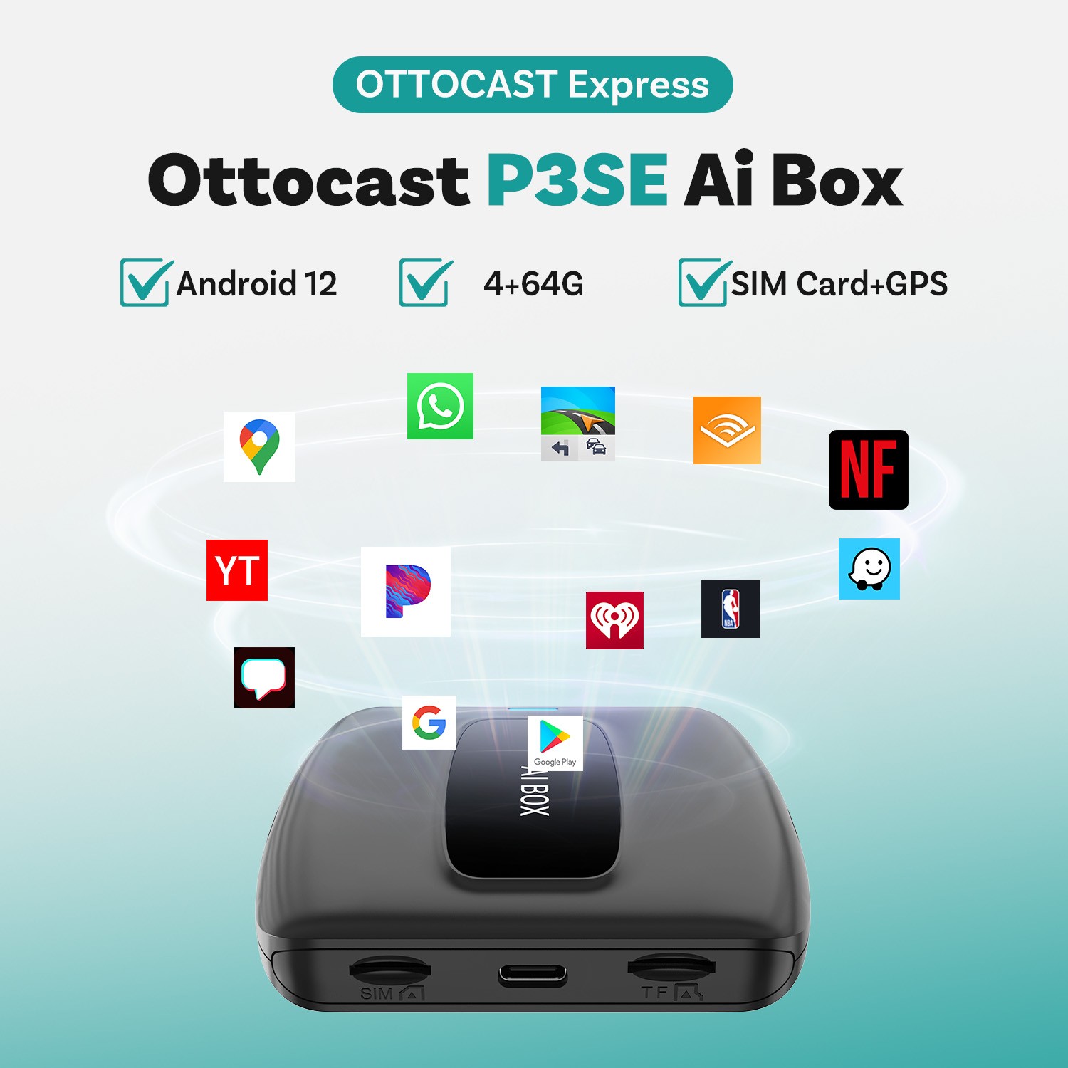 3in1 Ottocast EXP P3SE Android 12 AI Box Wireless CarPlay Adapter Youtube 4+64G