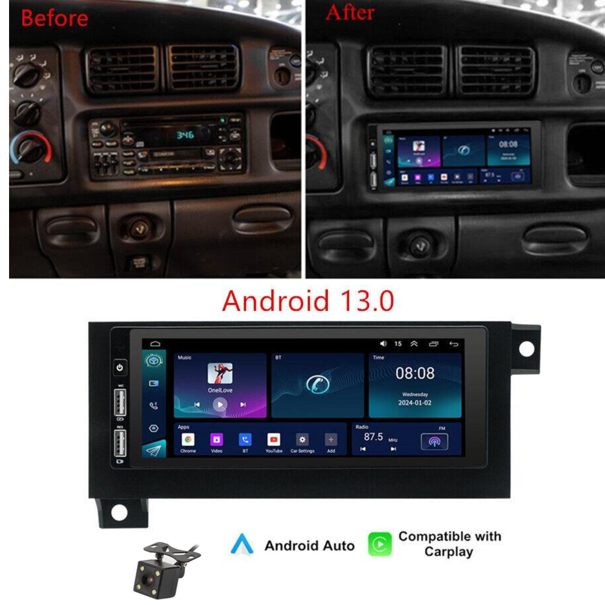 6.8″ Fit For Old Chrysler Jeep Dodge Carplay Stereo Radio GPS Wifi Player+Camera