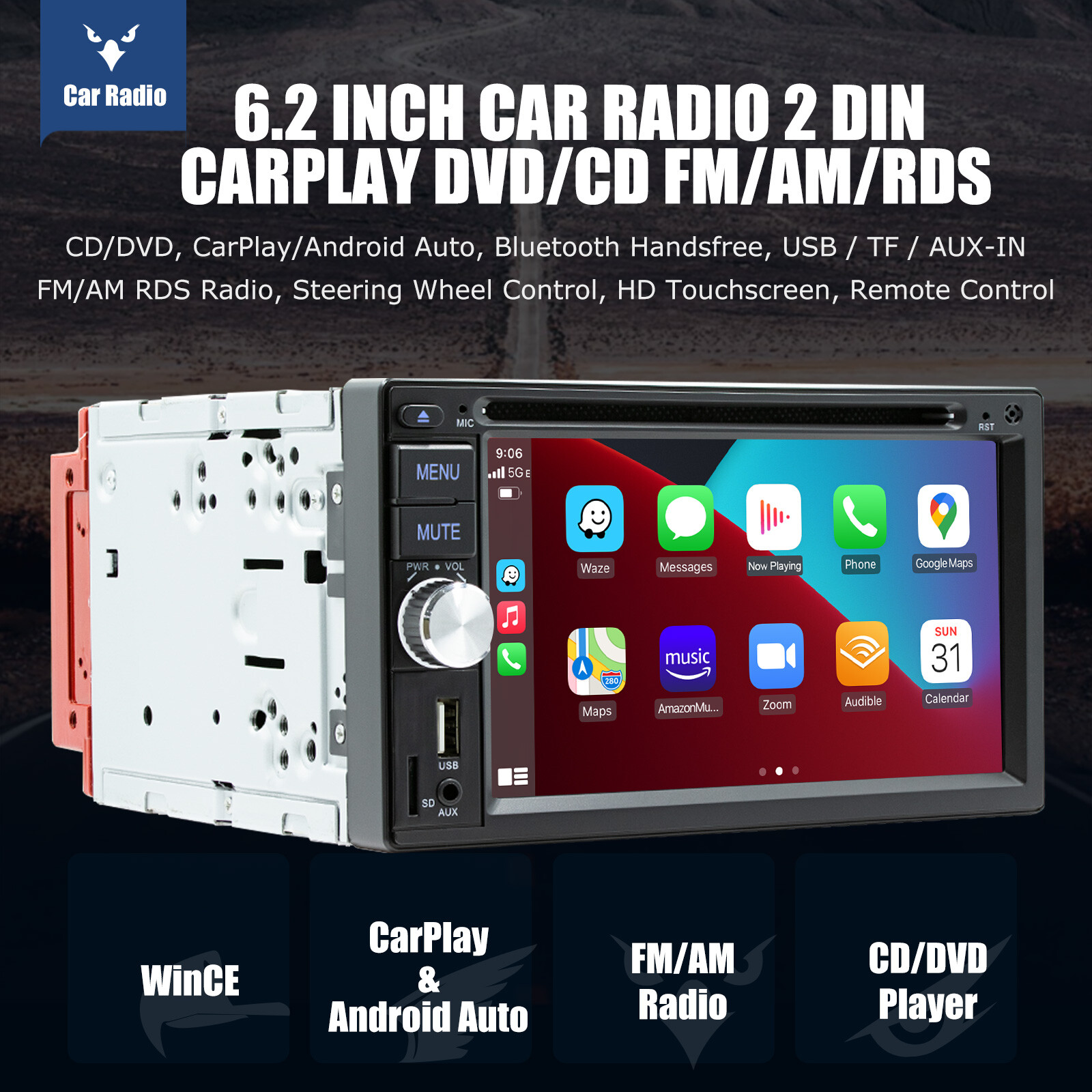 Double 2 DIN Carplay Stereo 6.2″ CD DVD Player FM AM Radio USB AUX-in TF Camera