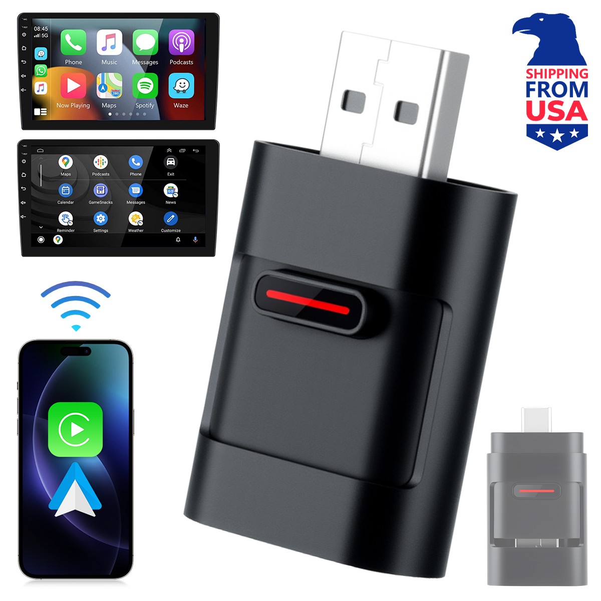 New Wireless Bluetooth 5.2 CarPlay Adapter5GHz WiFi Auto OTA Update USB/Type-C