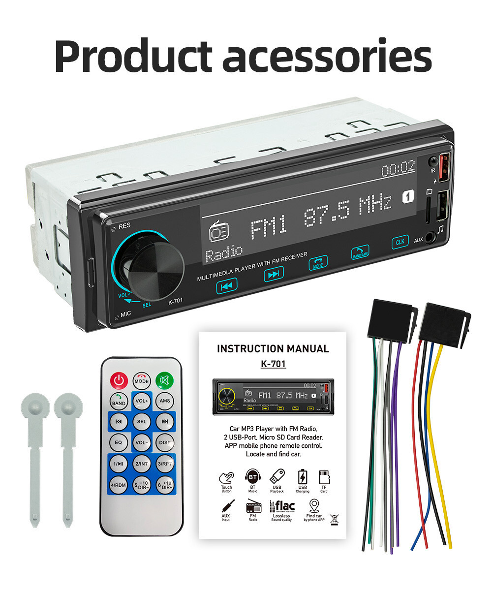 Single 1 DIN Car Stereo Audio MP3 Player AUX/USB/TF/SD Bluetooth Radio Head Unit