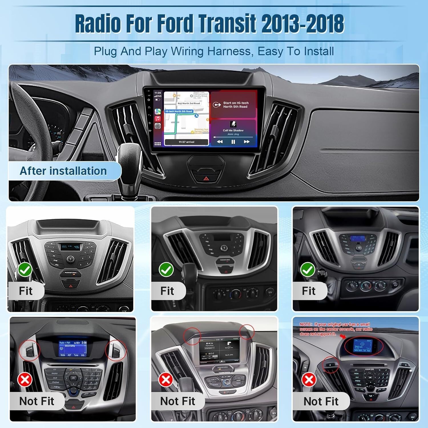 For 2015-2019 Ford Transit Carplay Radio FM RDS GPS Navi Backup Camera 4+32G 9in