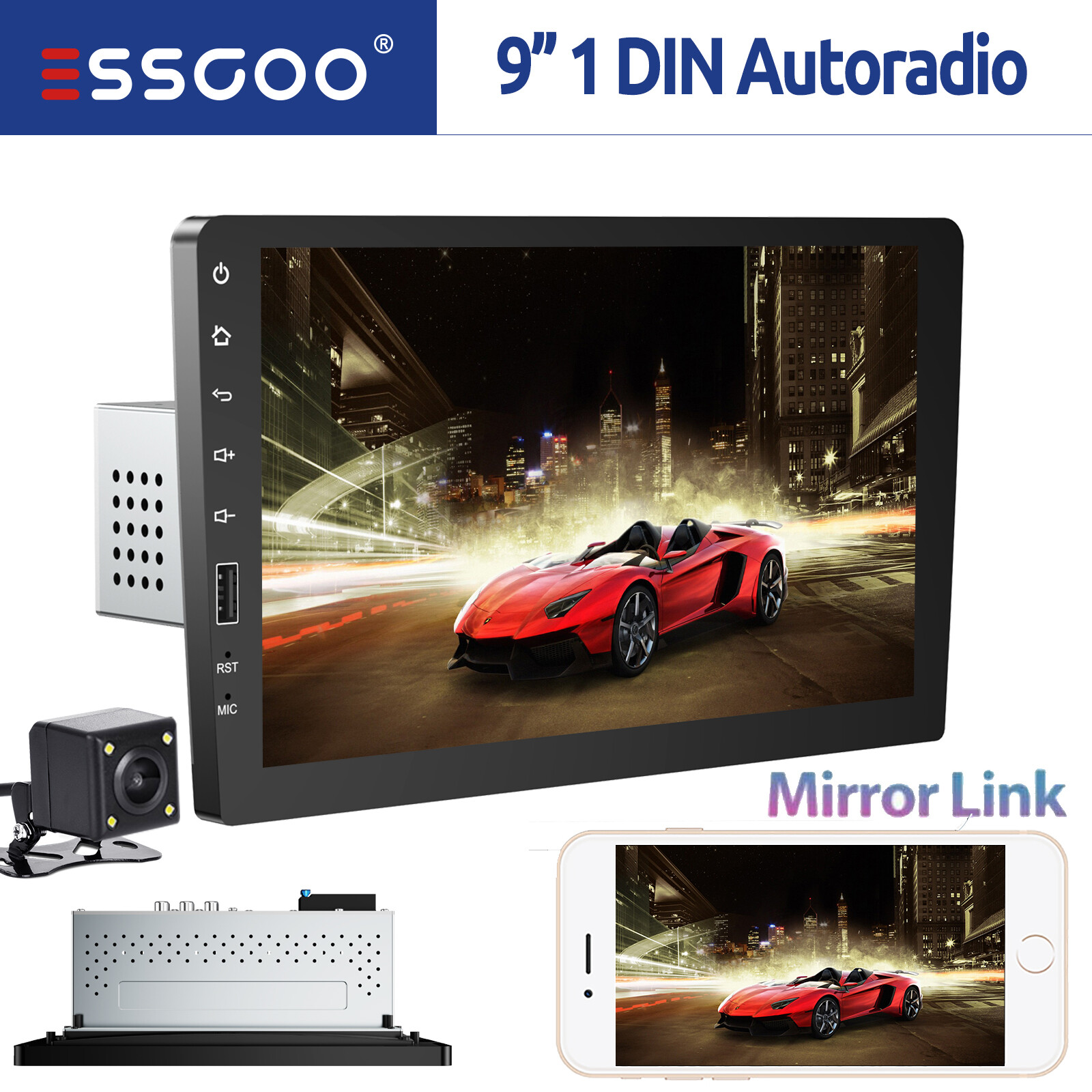 Essgoo Car Stereo 1 Din With 9 Inch Screen FM Bluetooth Mirror Link USB Camera