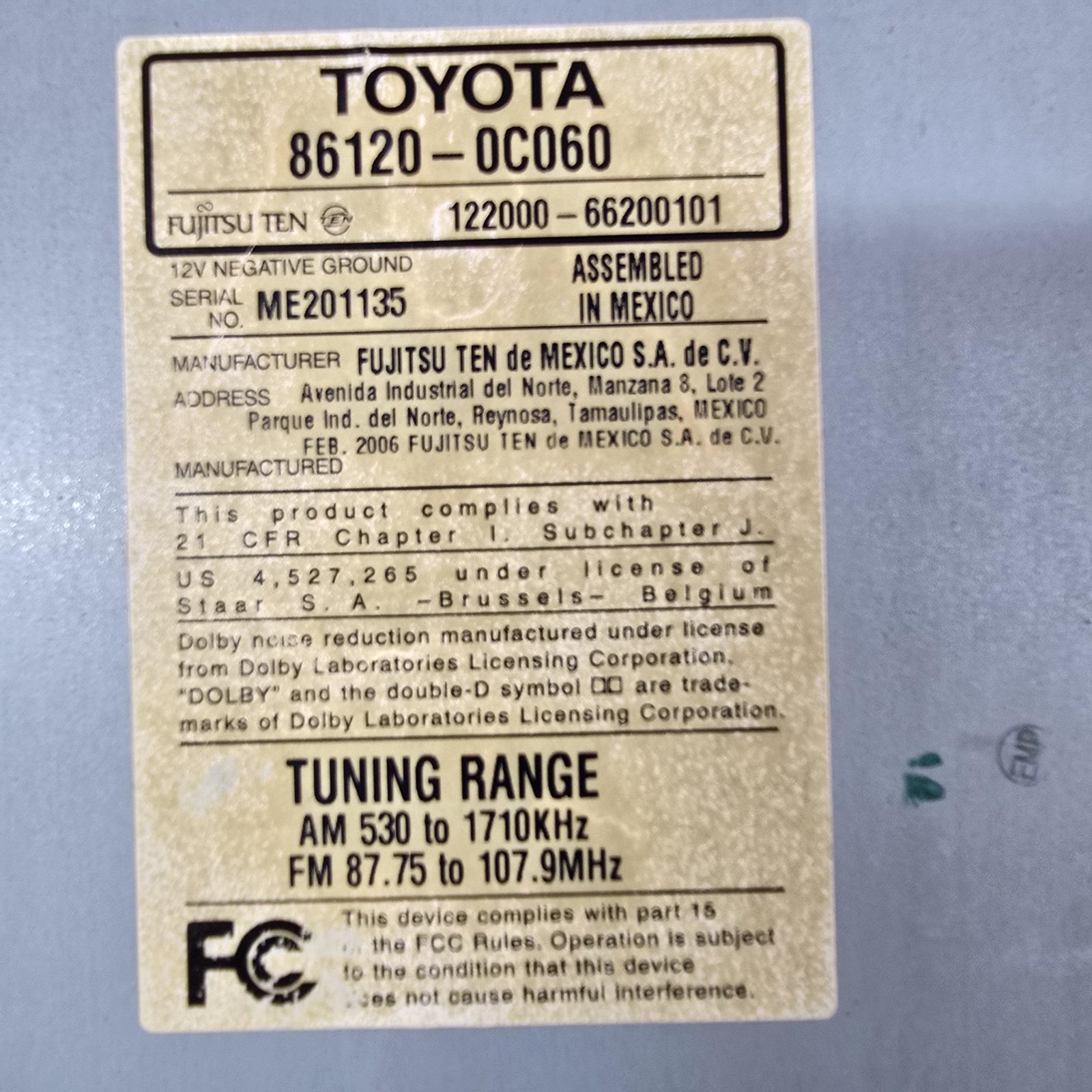 2001-2004 Toyota Tundra Sequoia Audio Radio OEM 86120-0C020 *Not Tested*