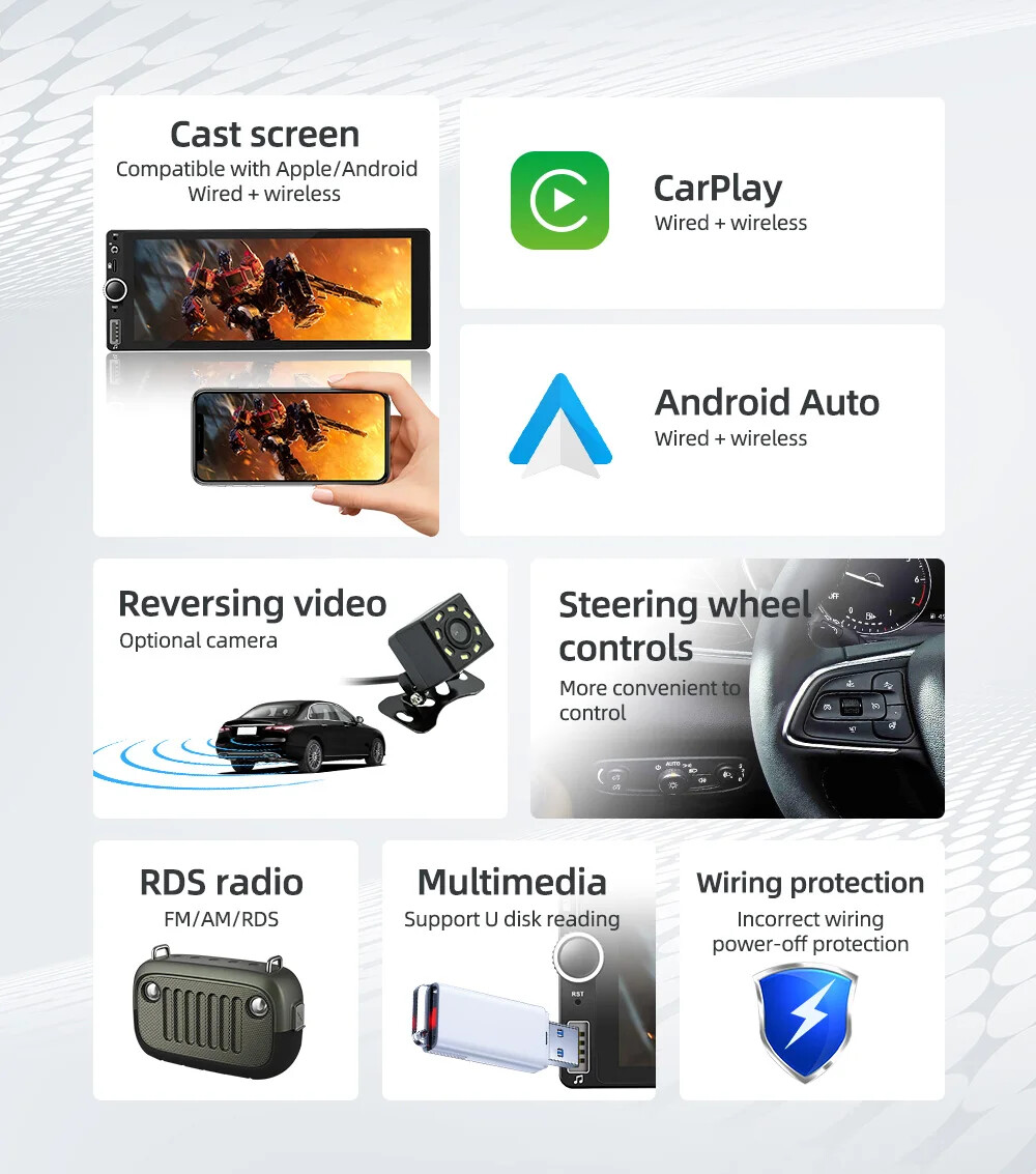 1din 6.86″ HD Car Radio Multimedia Link Bluetooth USB FM Camera MP5 Player