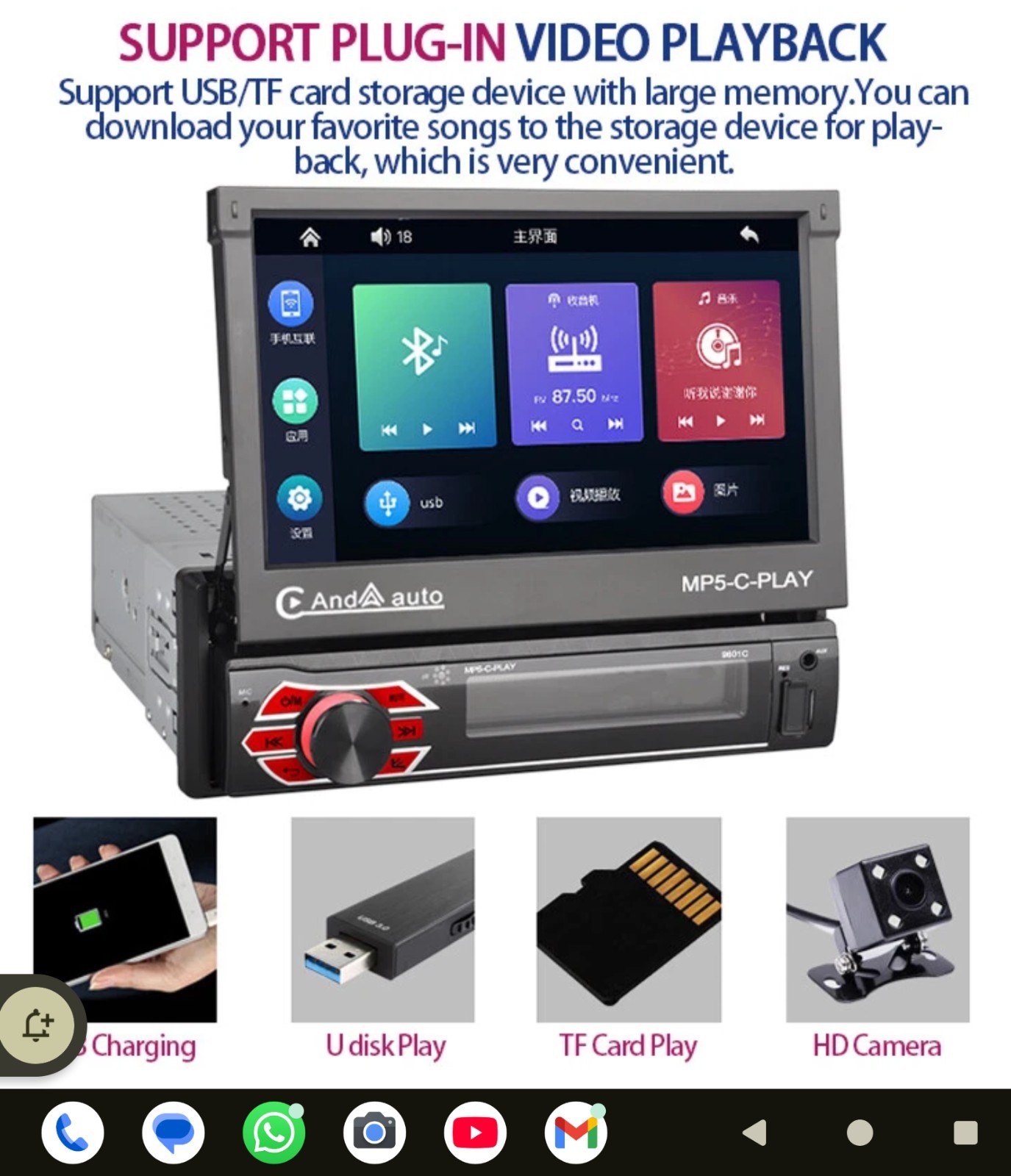 7” 1 Din Car Radio Flip Out Touch Screen Carplay Mirror Link BT TF FM Stereo
