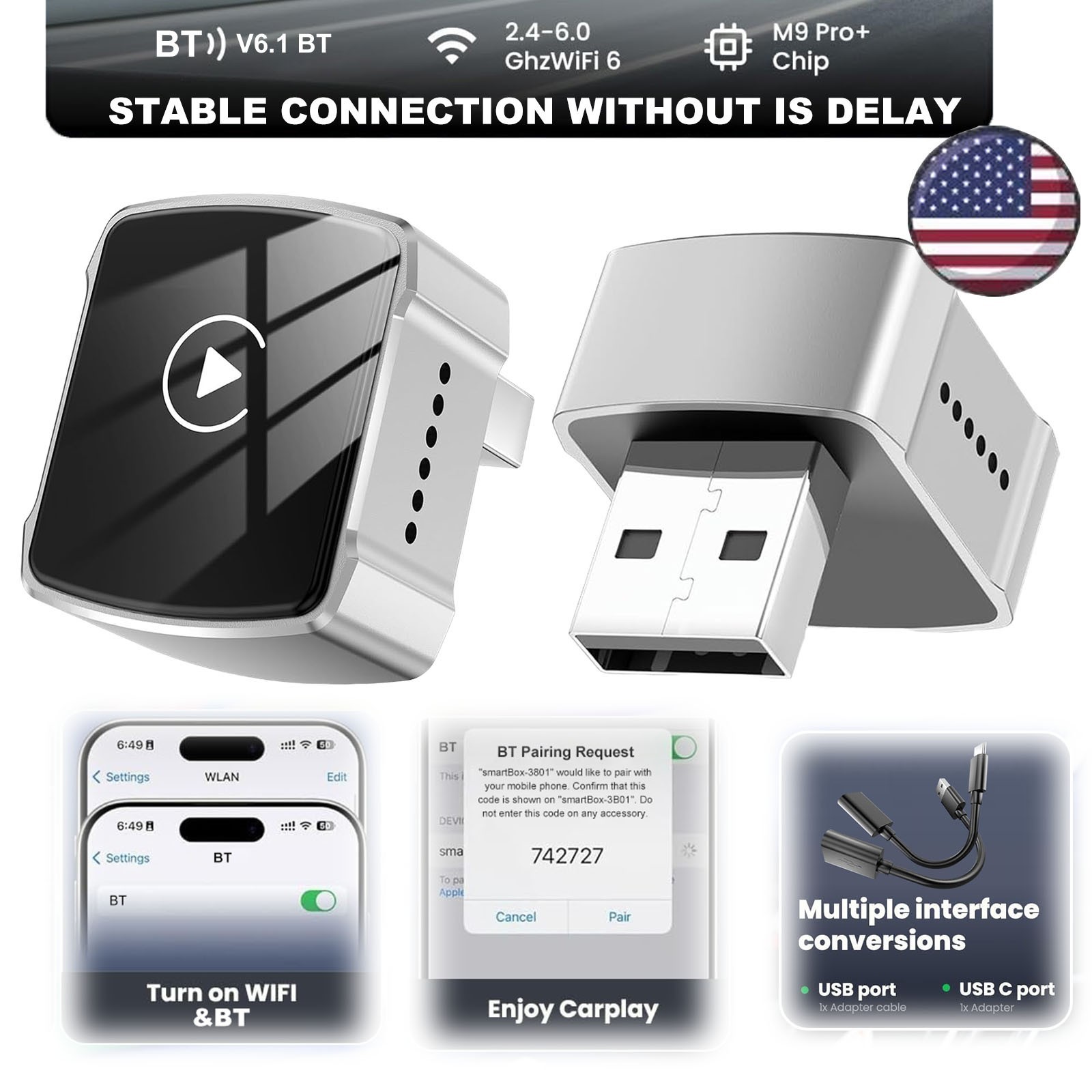 USB Auto Wireless CarPlay Adapter For Apple Android Wireless Dongle Plug ＆ Play