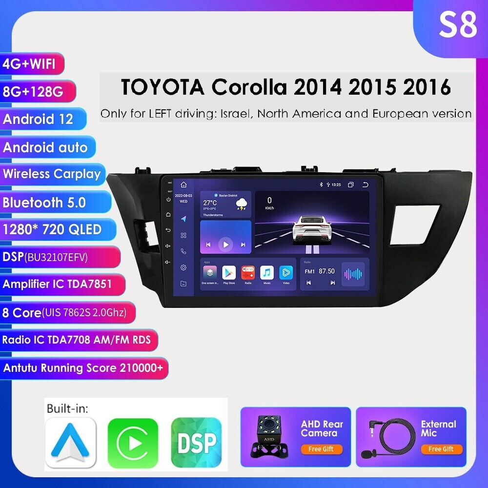 8+128G Fit 2014-2016 Toyota Corolla Android 13 Car Stereo Radio WiFi GPS CarPlay
