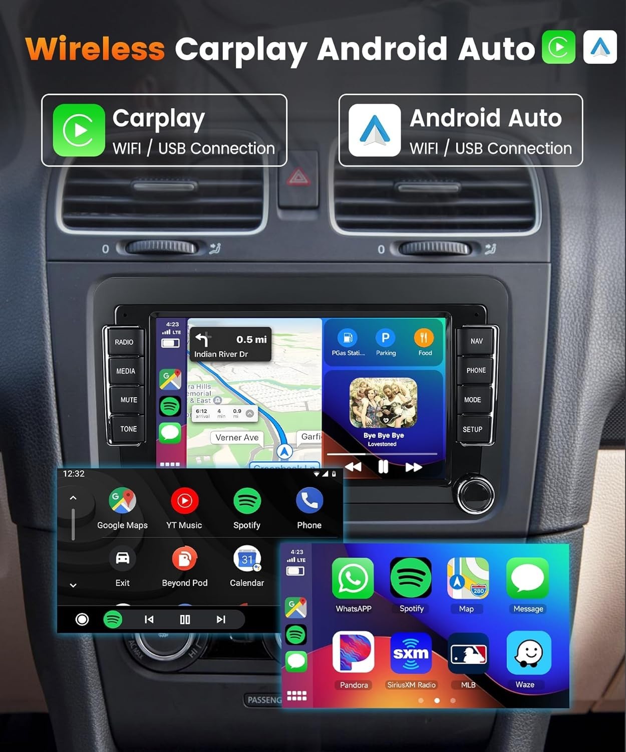 Podofo 2G+64G 7″ HD IPS Touchscreen Android Car Stereo Radio Wireless CarPlay