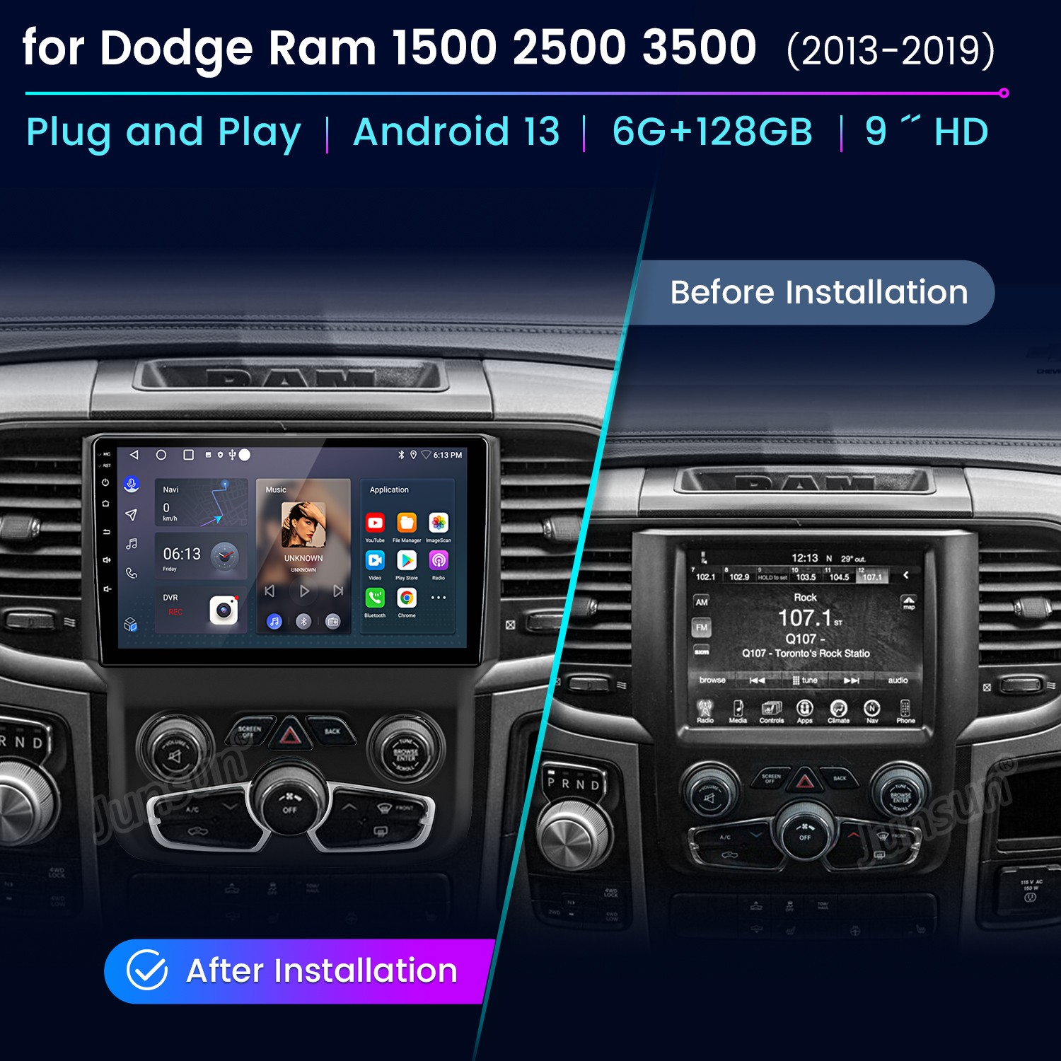 6+128G Carplay Android 14 For Dodge Ram 1500 2500 3500 Car Stereo Radio GPS Navi