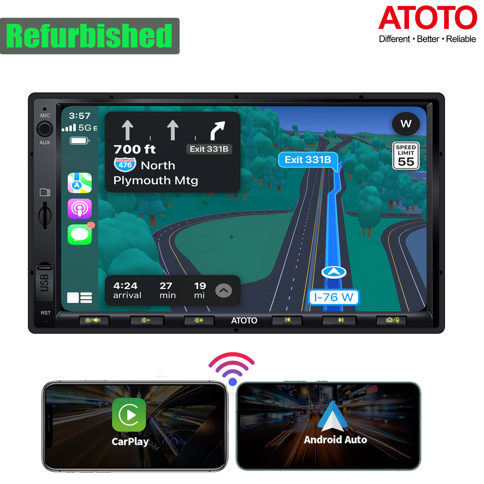 ATOTO F7WE 7in Double DIN Car Stereo GPS NAVI Wireless Android Auto & CarPlay,FM