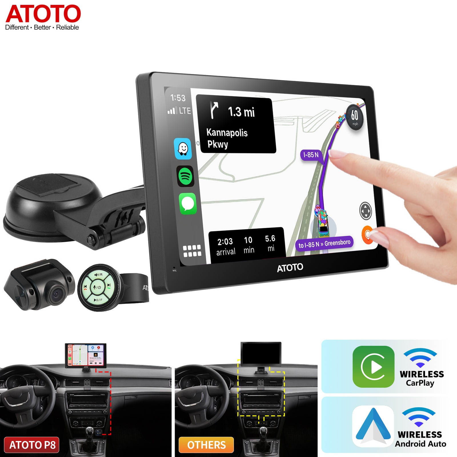 ATOTO P5 7” QLED Portable Car Stereo Wireless CarPlay Android Auto Dash Cam SWC