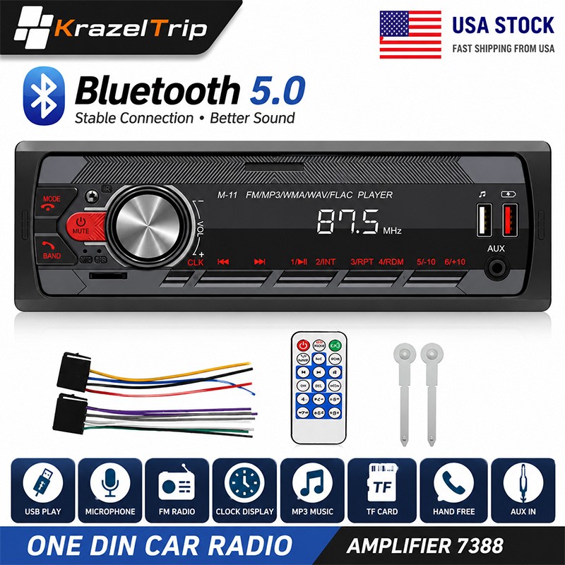 1 DIN Car Stereo Radio in-Dash Head unit Bluetooth FM Dual USB Audio MP3 Player