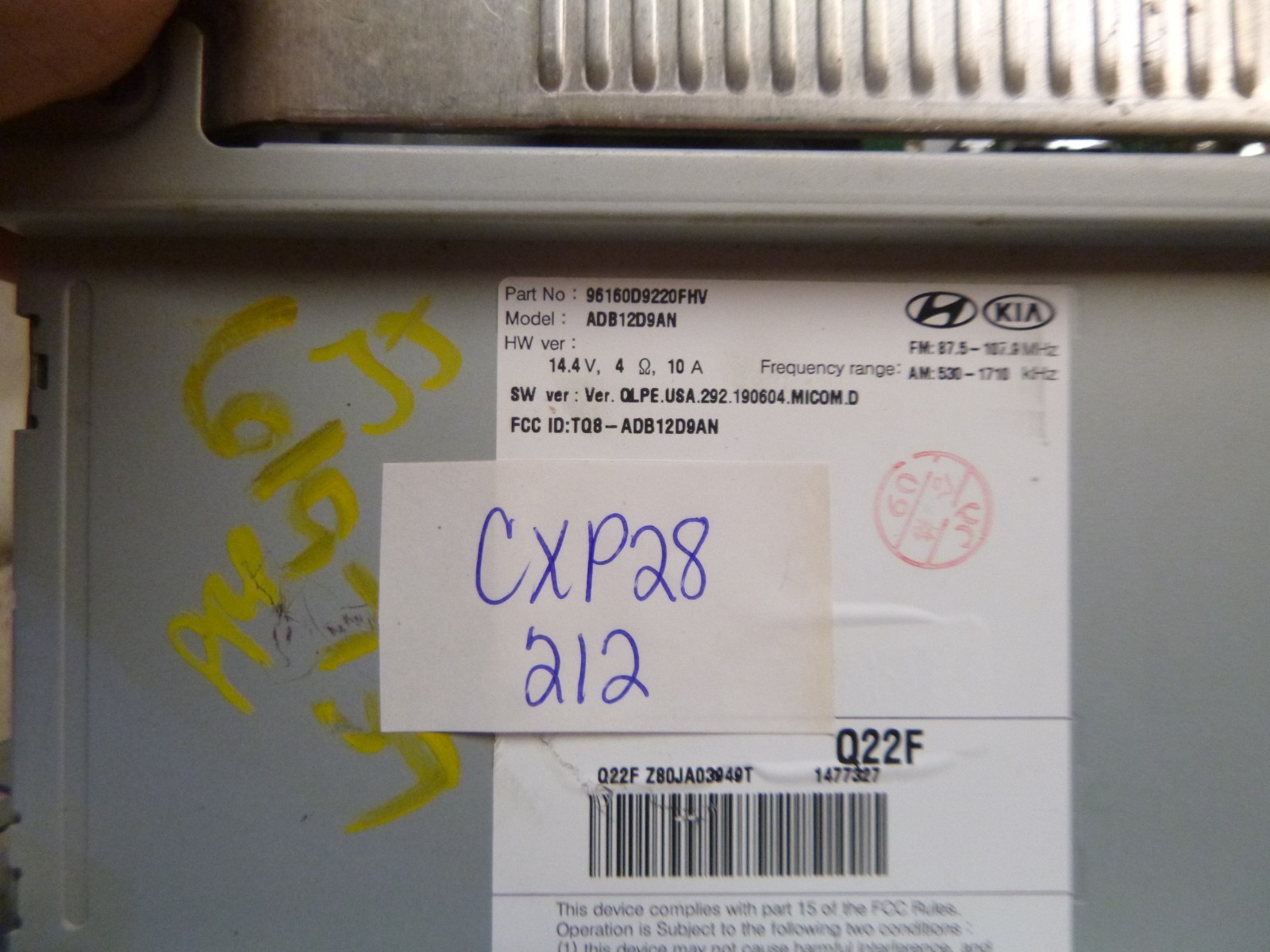 20 21 22 Kia Sportage Radio Receiver 96160D9220FHV CXP28