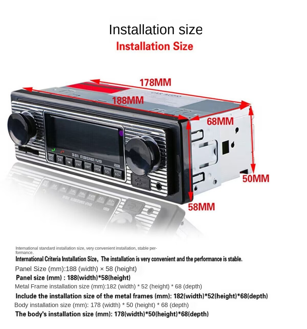 Car Stereo Radio MP3 Player Single 1DIN Bluetooth FM/SD/AUX/USB Audio In-Dash