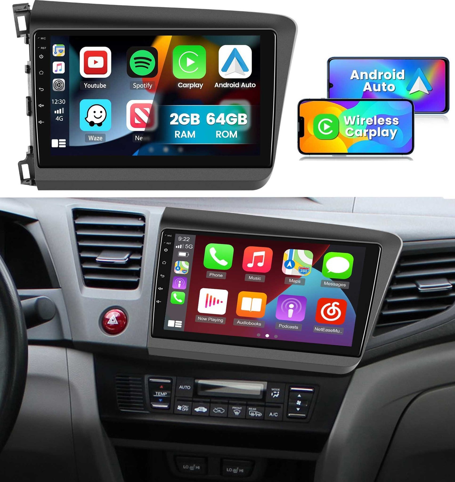 9″ Carplay Auto radio Android 15.0 For Honda Civic 2012 GPS NAVI RDS WiFi 4+64G