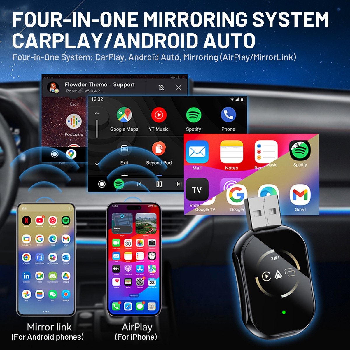USB CarPlay Android IOS Auto Dongle Plug Play Convert Wired to Wireless Car New