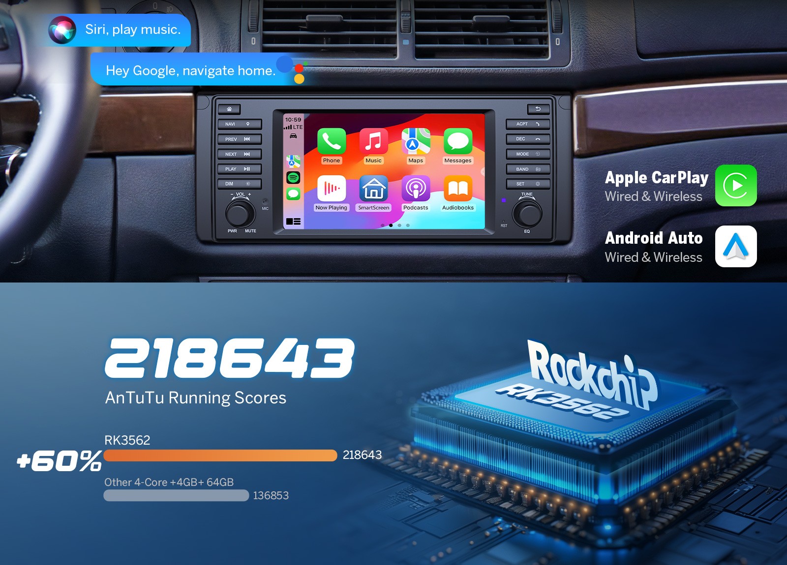 For BMW5 E39 Car Play Stereo 7″ E39A13 Android 13 Radio GPS Navigation DAB Audio