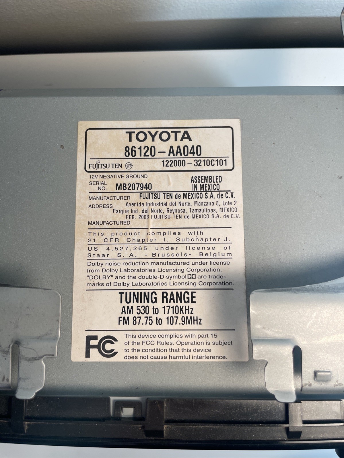 2002-04 Toyota 86120-AA040 Fujitsu Ten Radio Am/fm, Cd and Cassette Works Great!