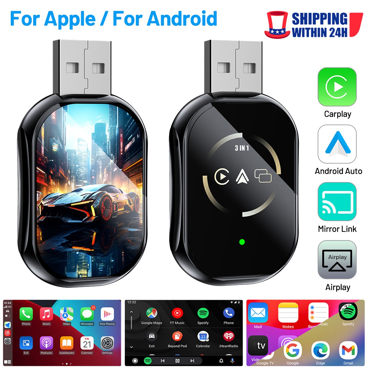 Wireless CarPlay Android IOS Auto Adapter For Vehicles w/ Wired CarPlay Support