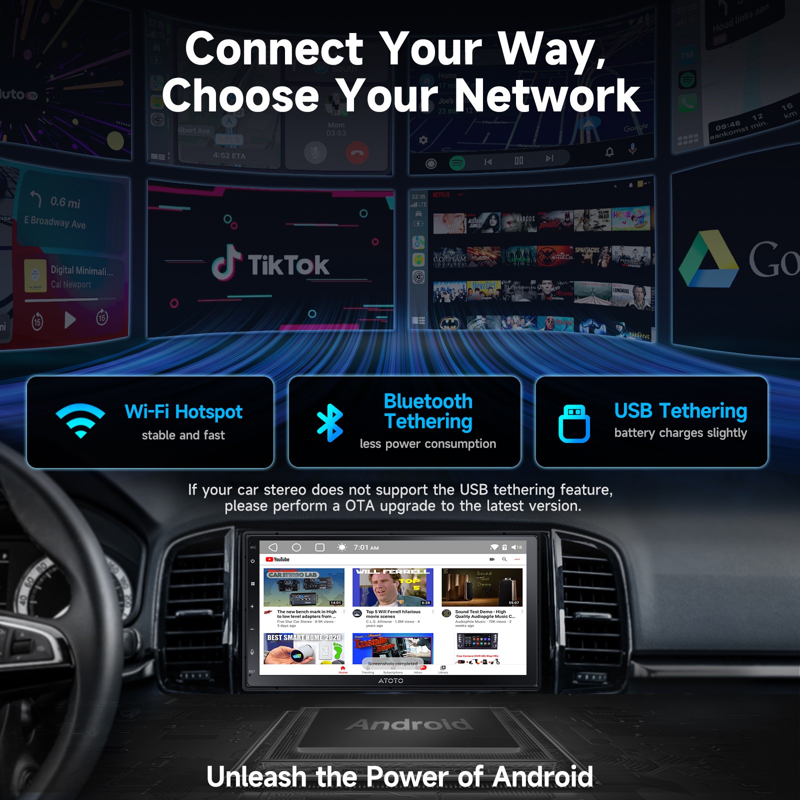 ATOTO 7″ Double Din Touchscreen Car Radio Wireless Carplay &Android Auto GPS+SWC